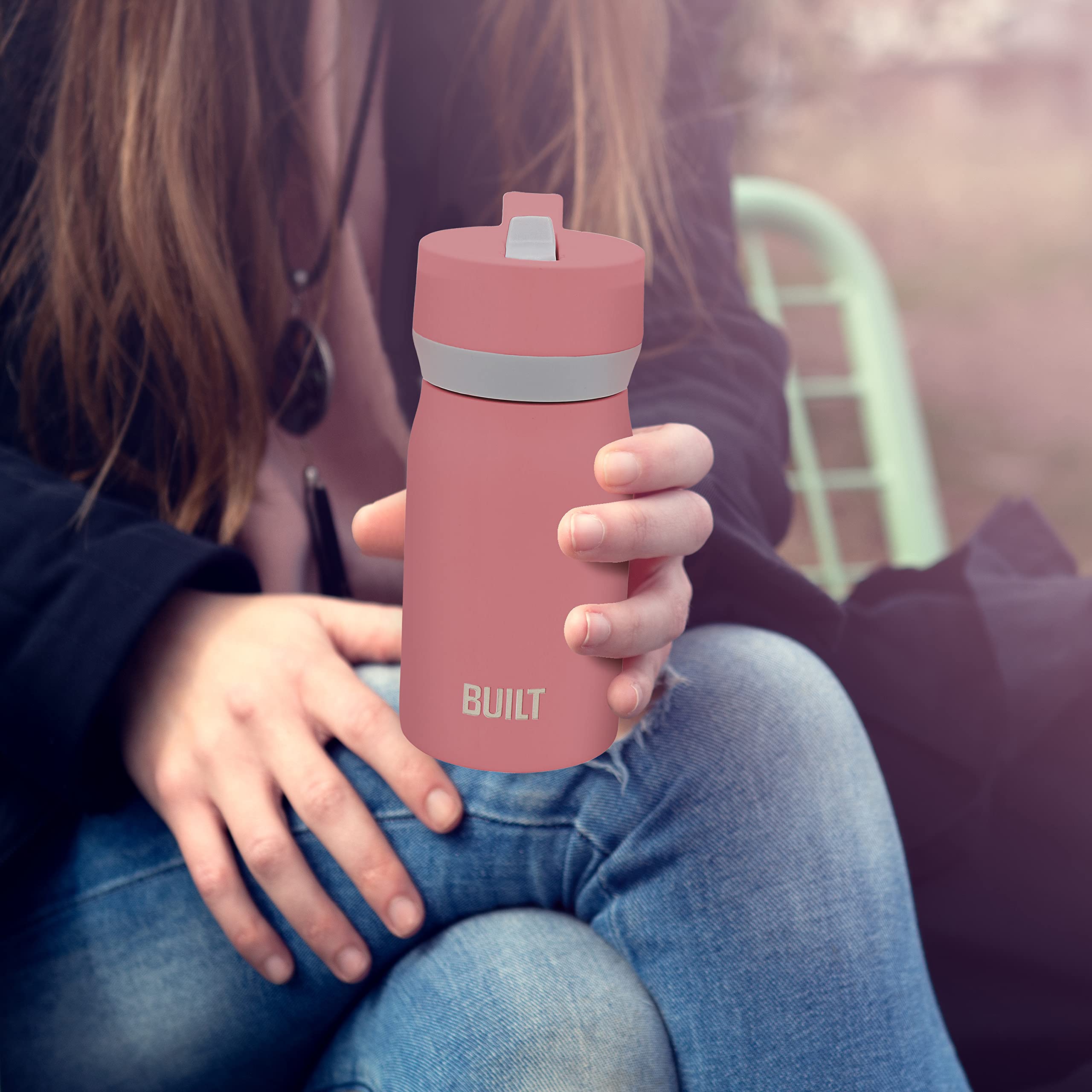 Built Cascade Double Wall Vacuum Insulated Stainless Steel Wide Mouth Water Bottle With Comfort Grip And Straw Lid And Carry Han