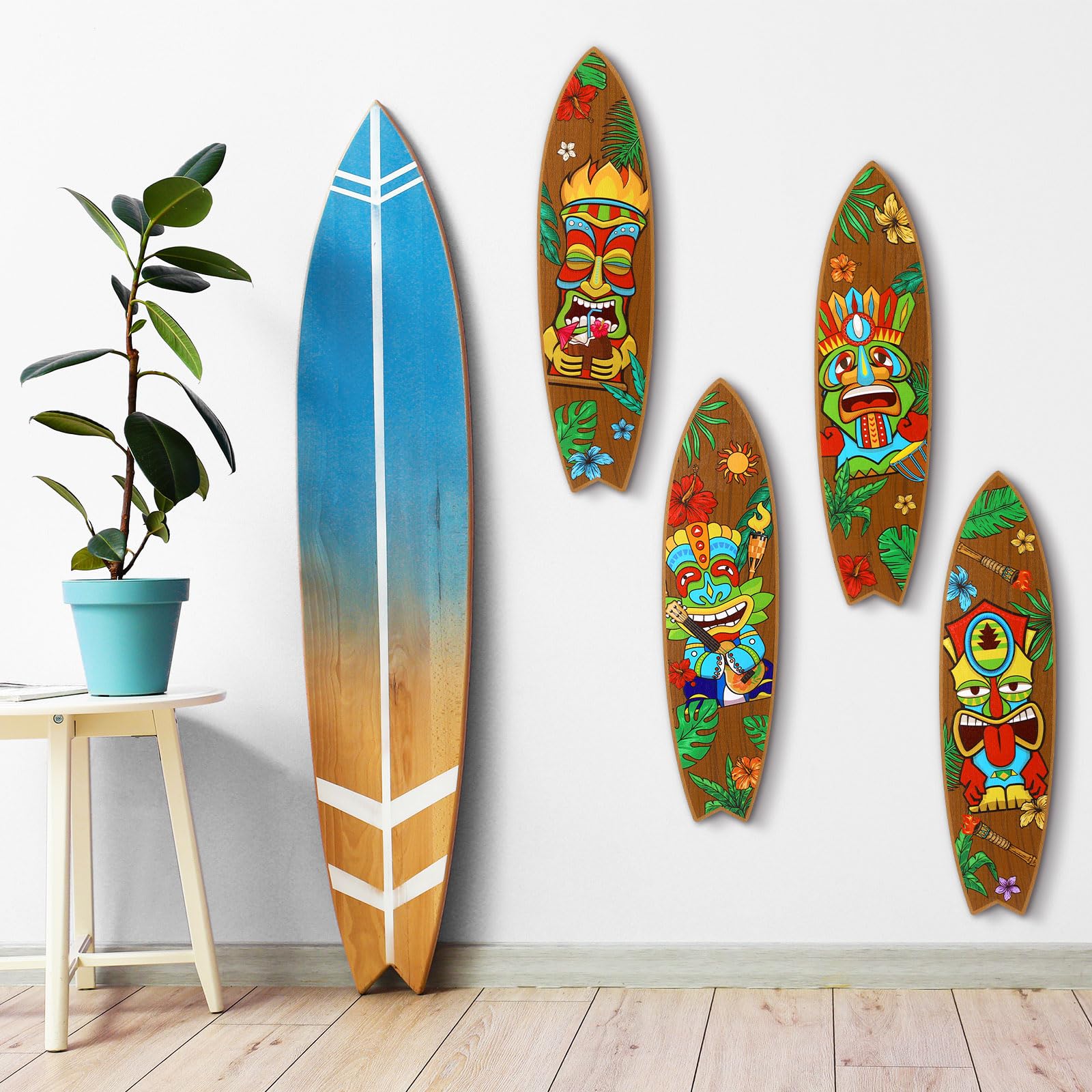 Blulu 4 Pcs Surfboard Wall Decor Surfboard Wall Hanging Sign Wooden Beach Decoration Summer Theme Decor Hawaiian Luau Party Deco