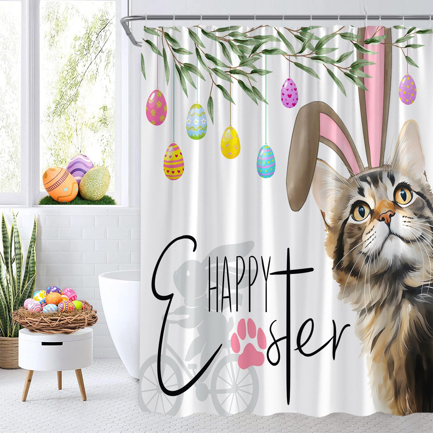Ccxtcz Easter Shower Curtain Cute Bunny Cat Eggs Rabbit Spring Funny Fabric Bathroom Decor Curtains With Hooks,White