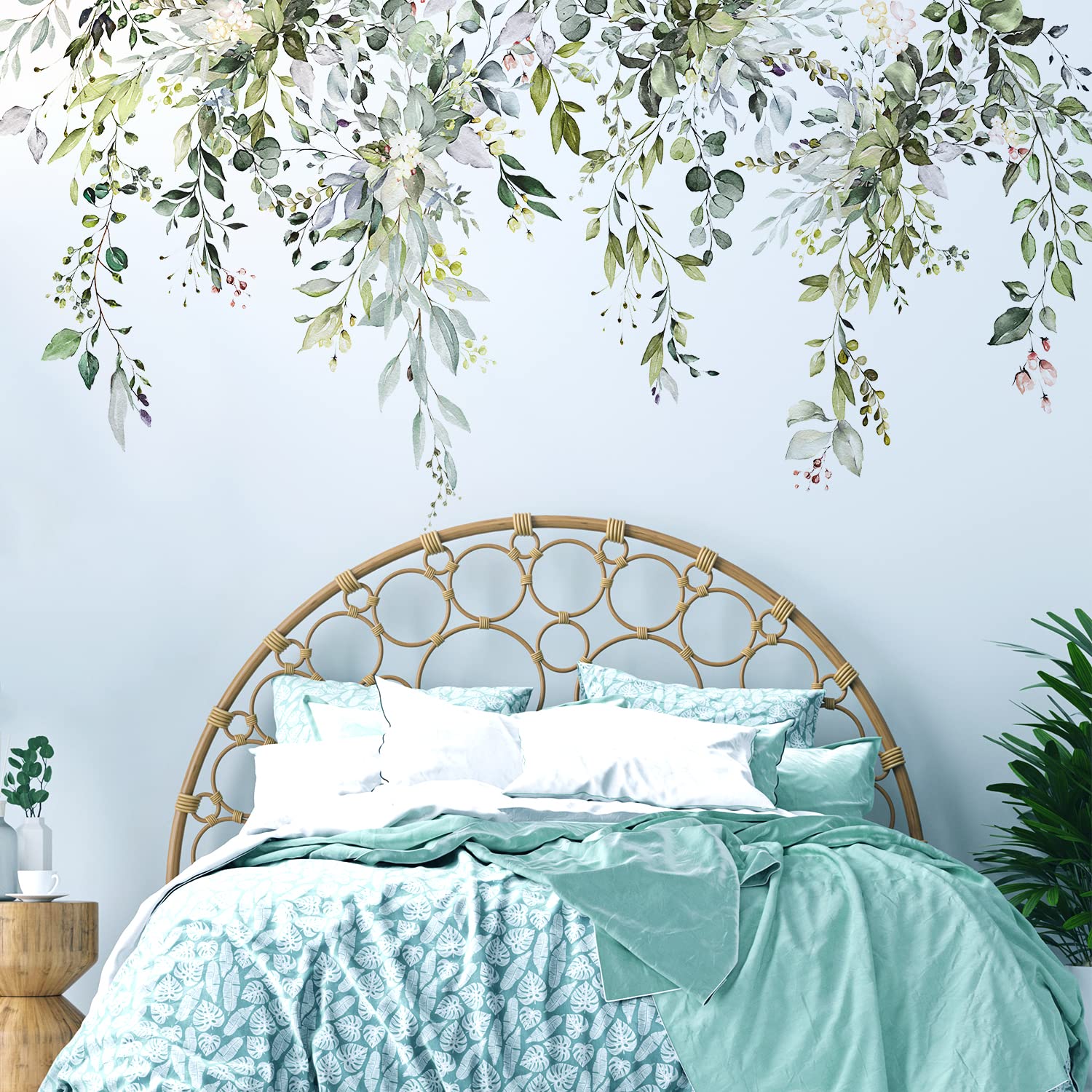 Vepret Green Plants Leaves Wall Decals Peel And Stick, Large Floral Flowers Wall Stickers, Removable Vine Home Decor Art For Bed