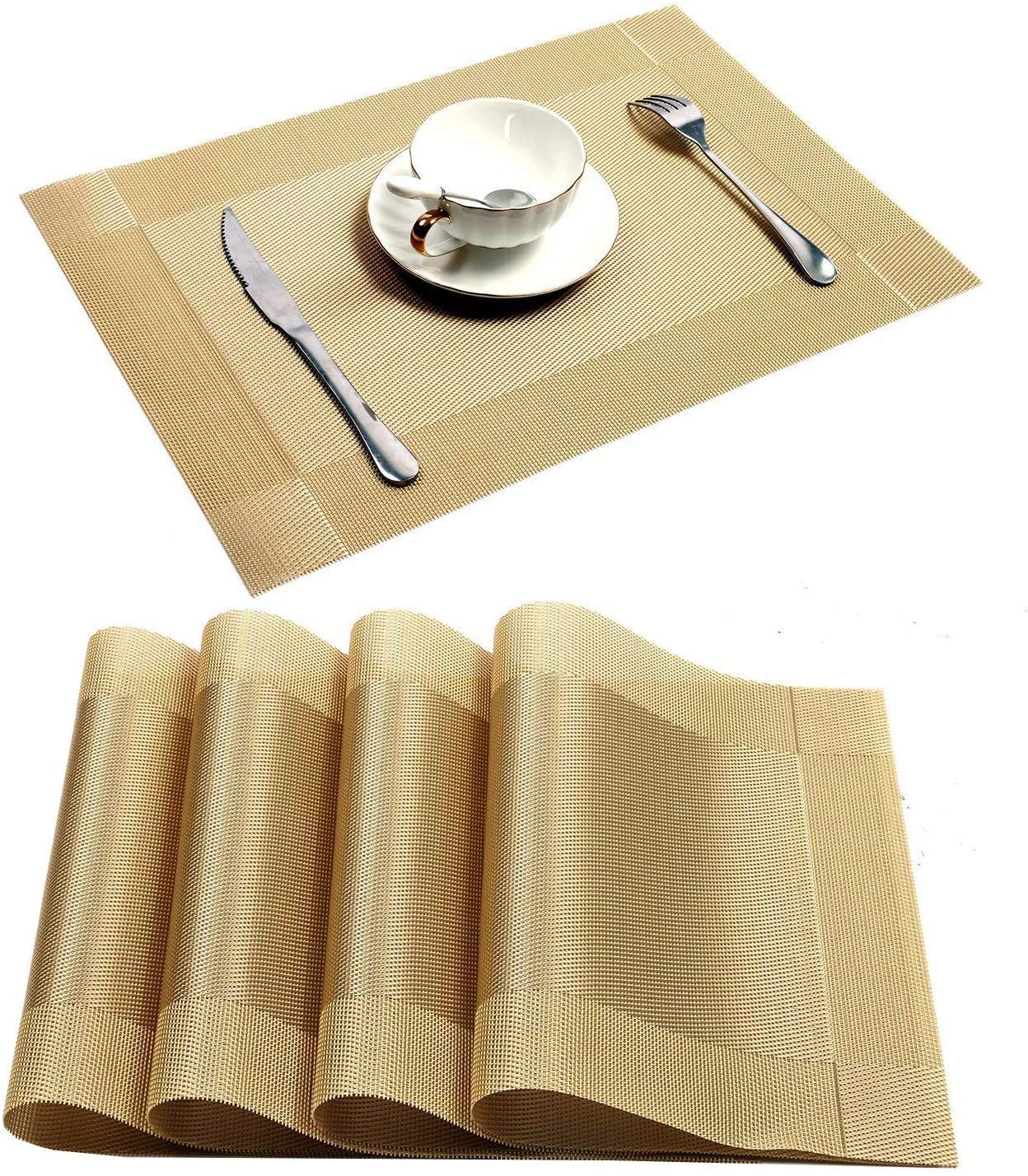 H&HGOLDI NonSlip PVC Placemats, Golden, Heat Resistant, Washable Table Mats, Set of 4, Waterproof Placemats, PVC Table Mats