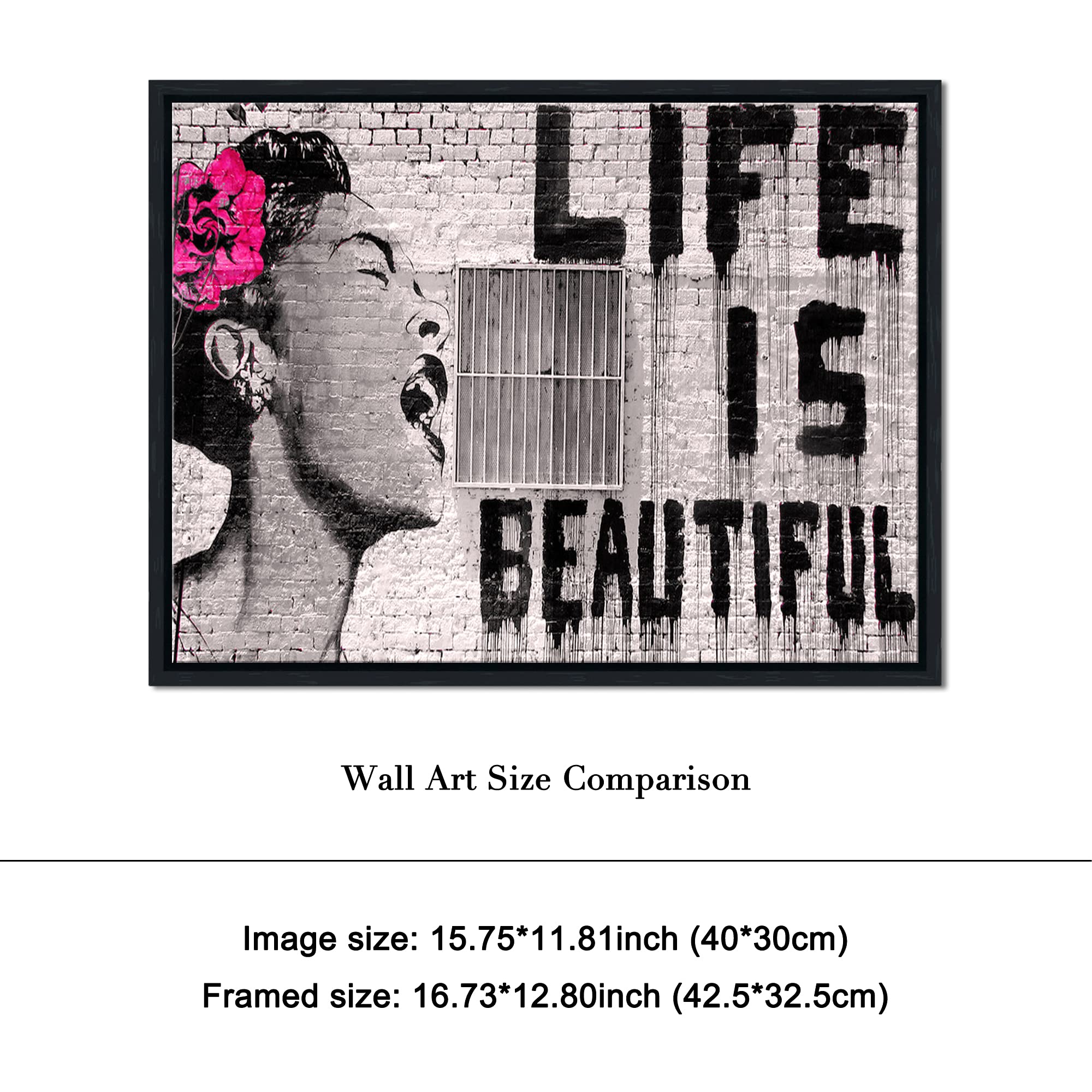 Pyradecor Black Framed Banksy Life Is Beautiful Artwork Modern Grey Love Pictures Paintings Canvas Prints Wall Art For Bedroom L