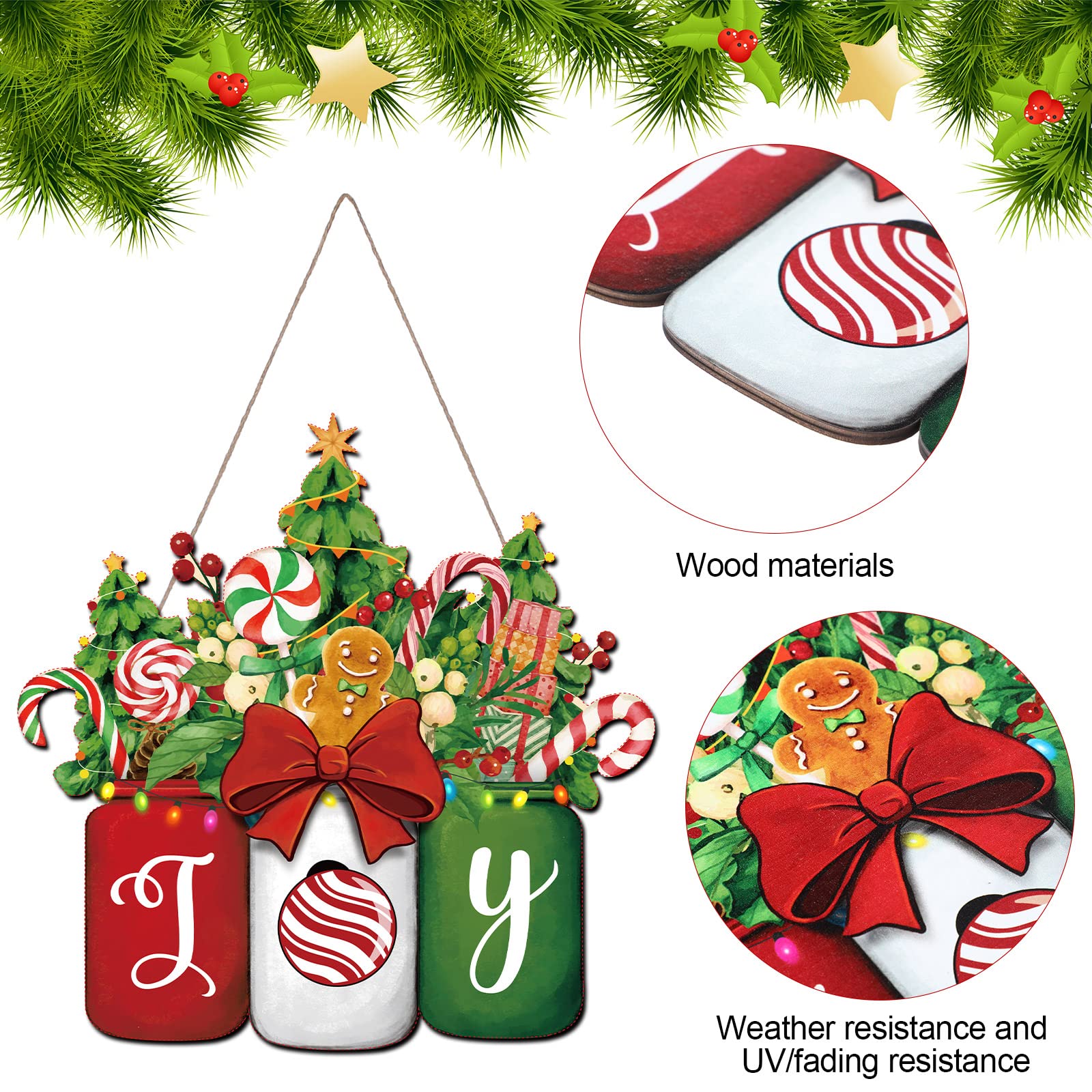 Christmas Mason Jar Welcome Sign for Front Door - Wooden Hanging Gingerbread Xmas Decoration - Noel Joy Door Hanger With Floral