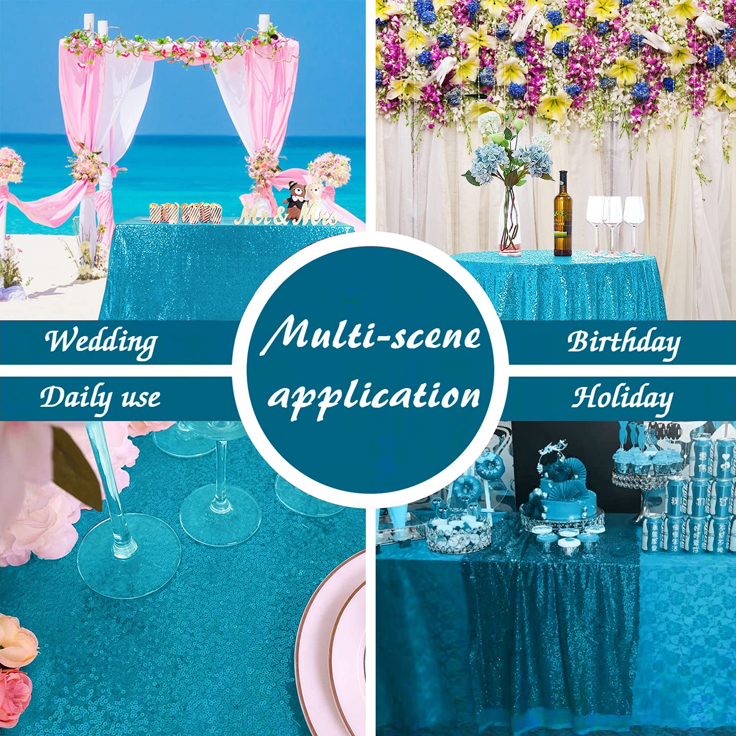 Fyledaee Turquoise Sequin Tablecloth Round 108 Inch Glitter Shimmer Tablecloth For Wedding Baby Shower Birthday Christmas Holida