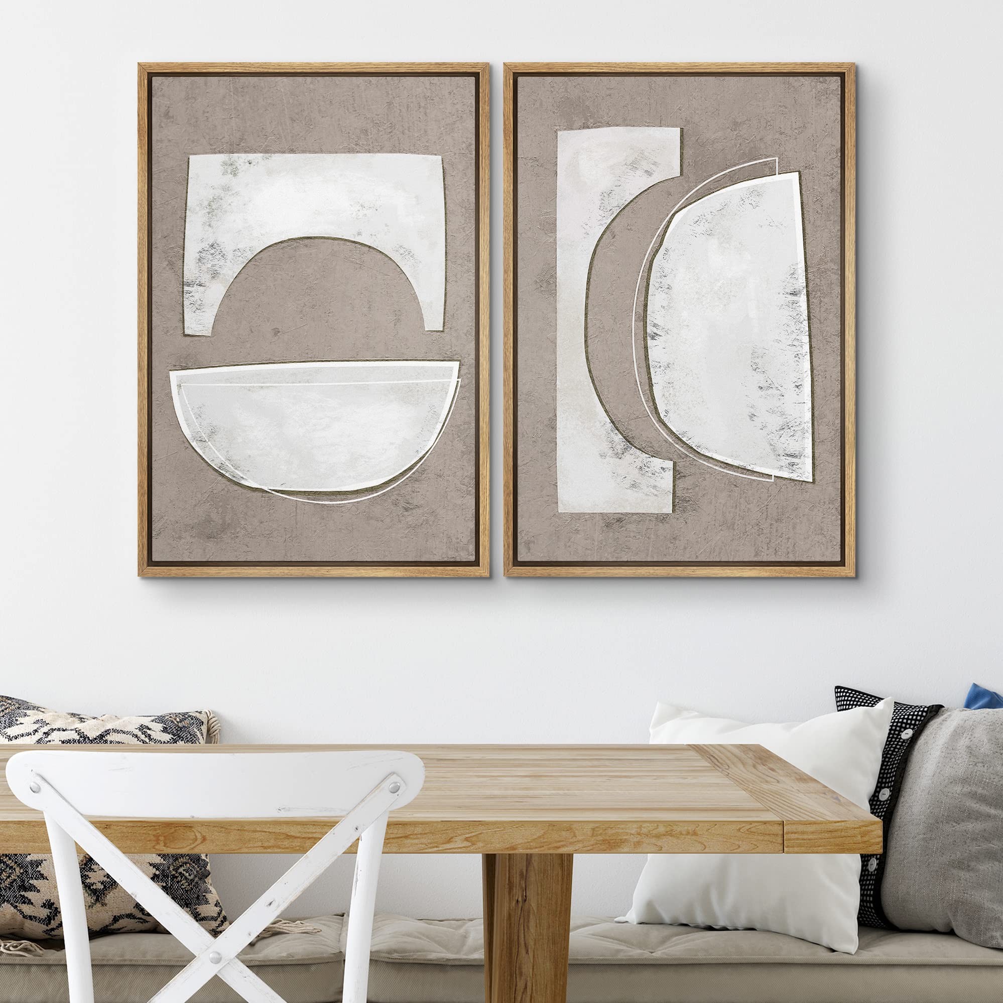 SIGNWIN Framed Canvas Print Wall Art Set Art Deco Grunge White Polygons Abstract Shapes Cozy Neutral Minimal Decorative Nordic Zen Bohemian for Living Room  Bedroom  Office - 16''x24''x2 Natural