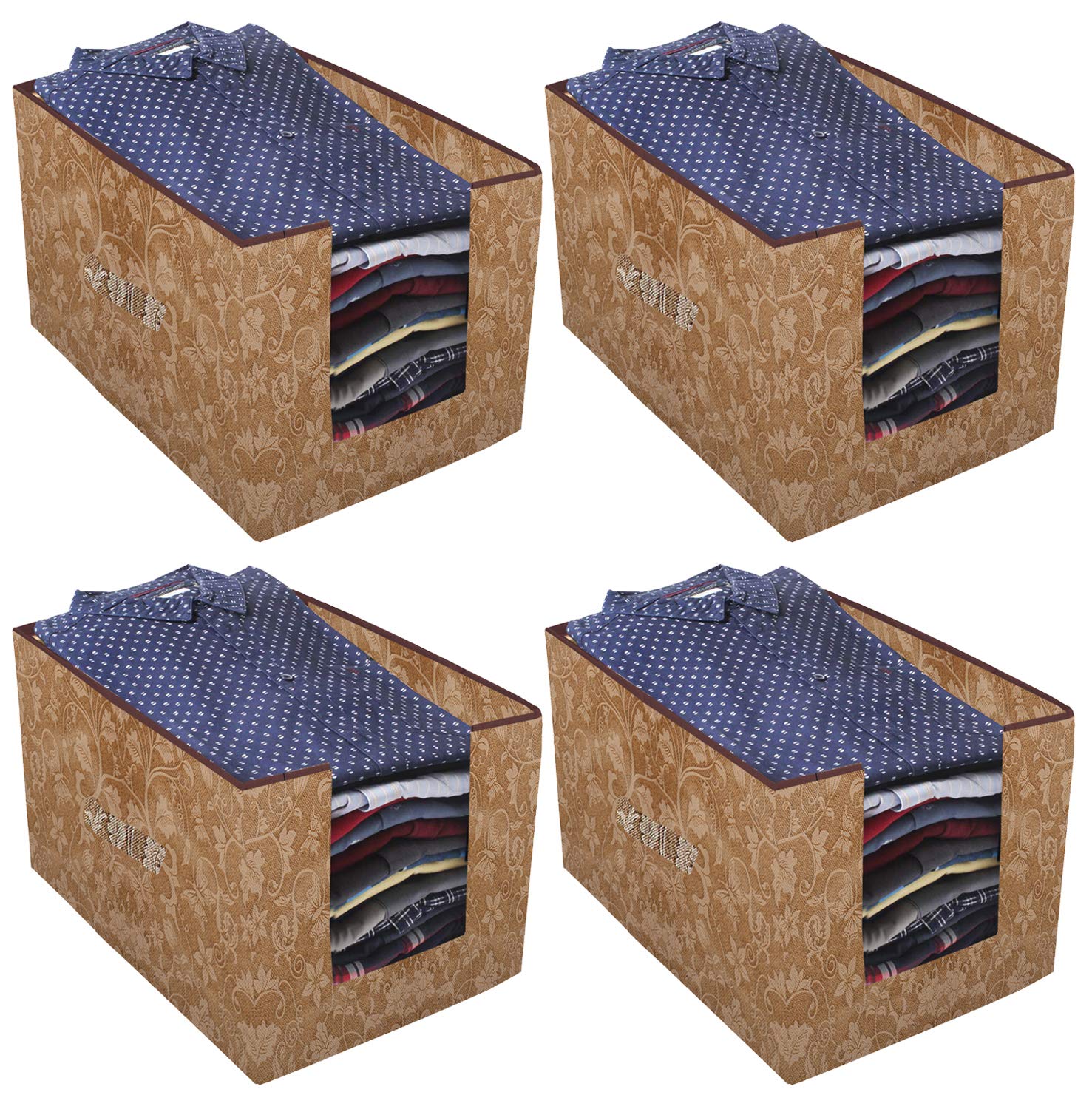 Kuber Industries Metallic Printed 4 Piece Non Woven Shirt Stacker Wardrobe Organizer Set, (Beige)  Ctktc034889