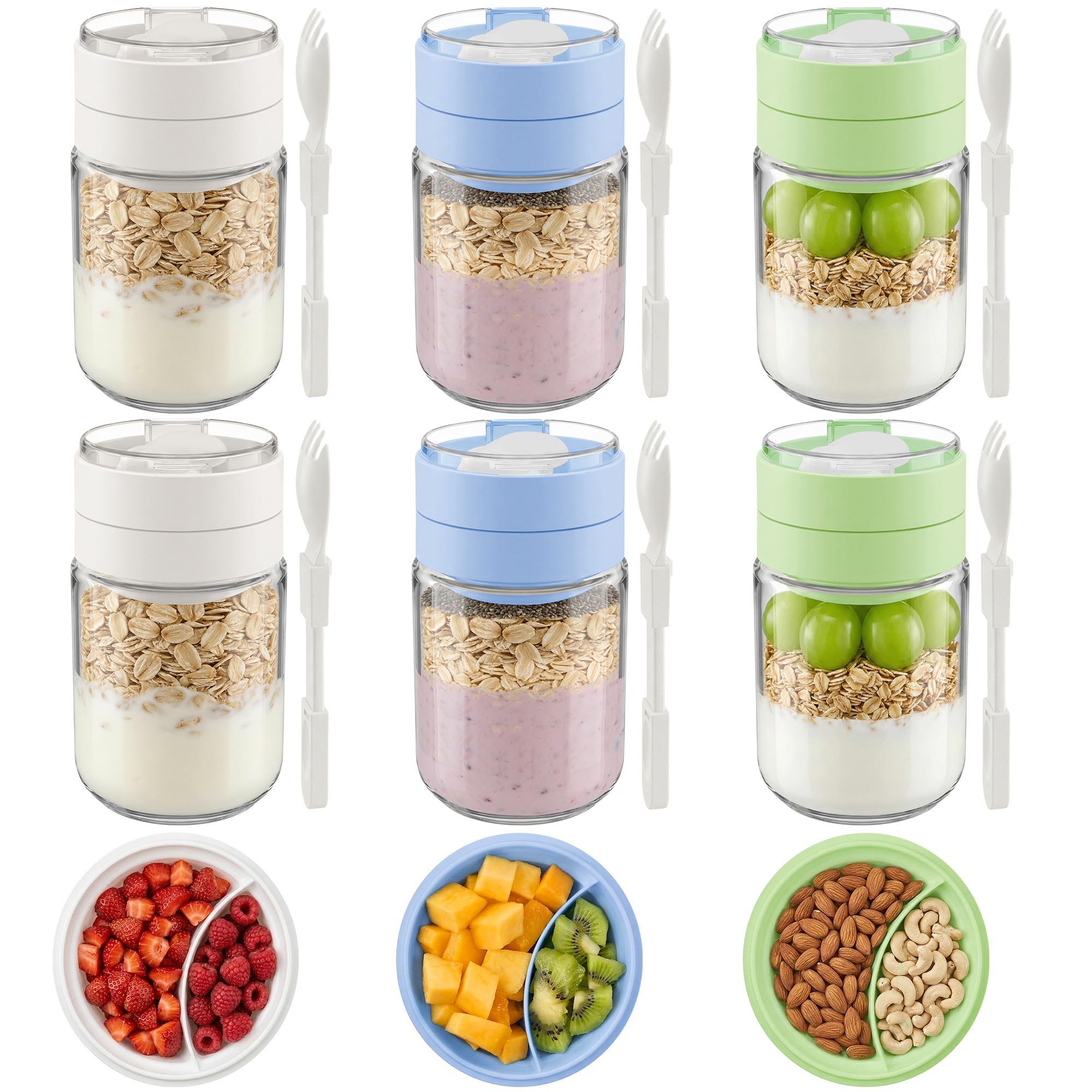 Vtopmart 6 Pack 16oz Glass Overnight Oats Container with Spoon, Compartment
