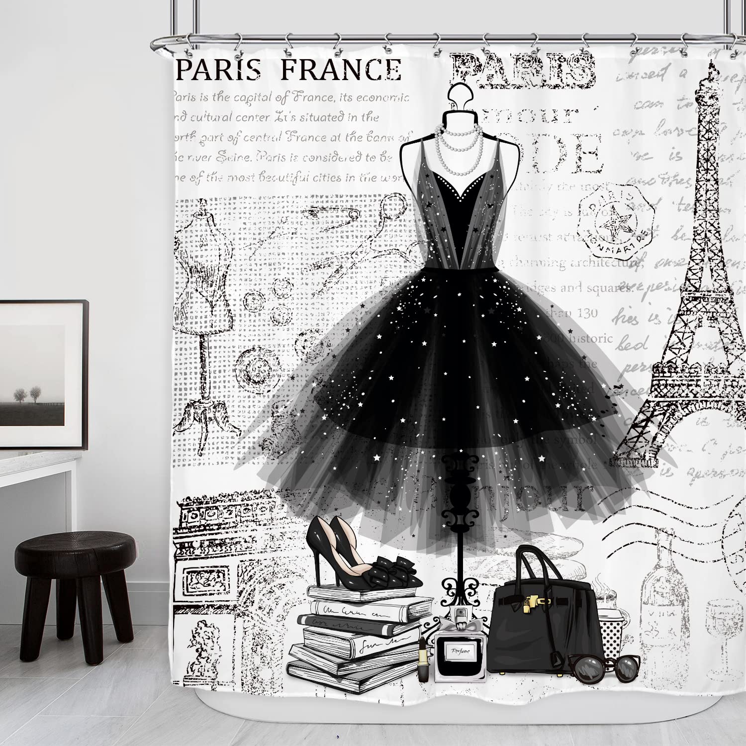 Riyidecor Shower Curtain - Black White Eiffel Tower, 60Wx72H Inch, Polyester, Waterproof, Modern Girls Bathroom Decor, Model RYD-HQYKHW-67868