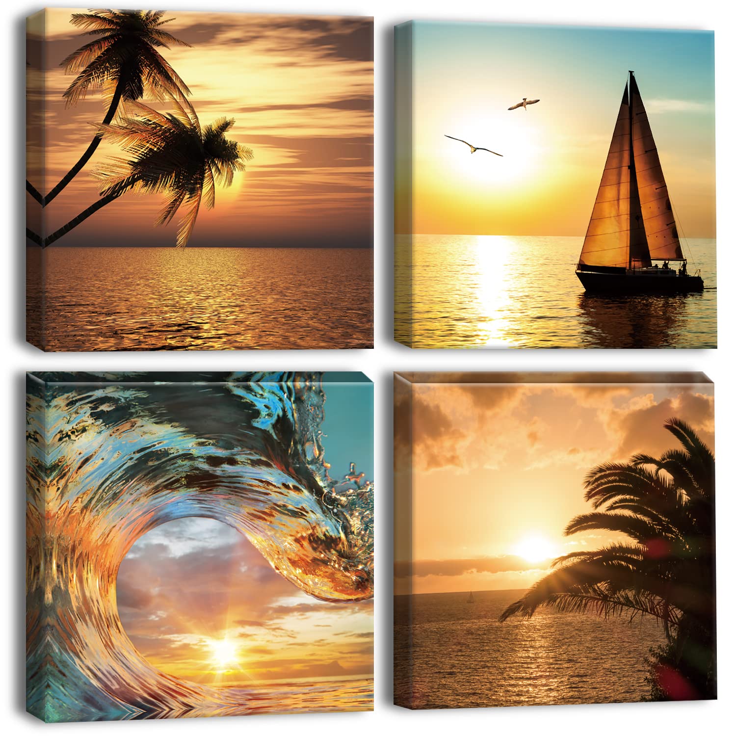Otostar 4 Pieces Wall Art Canvas Prints - Coconut Tree Sailboat And Sea Picture Painting - Modern Wall Artwork Framed For Gifts