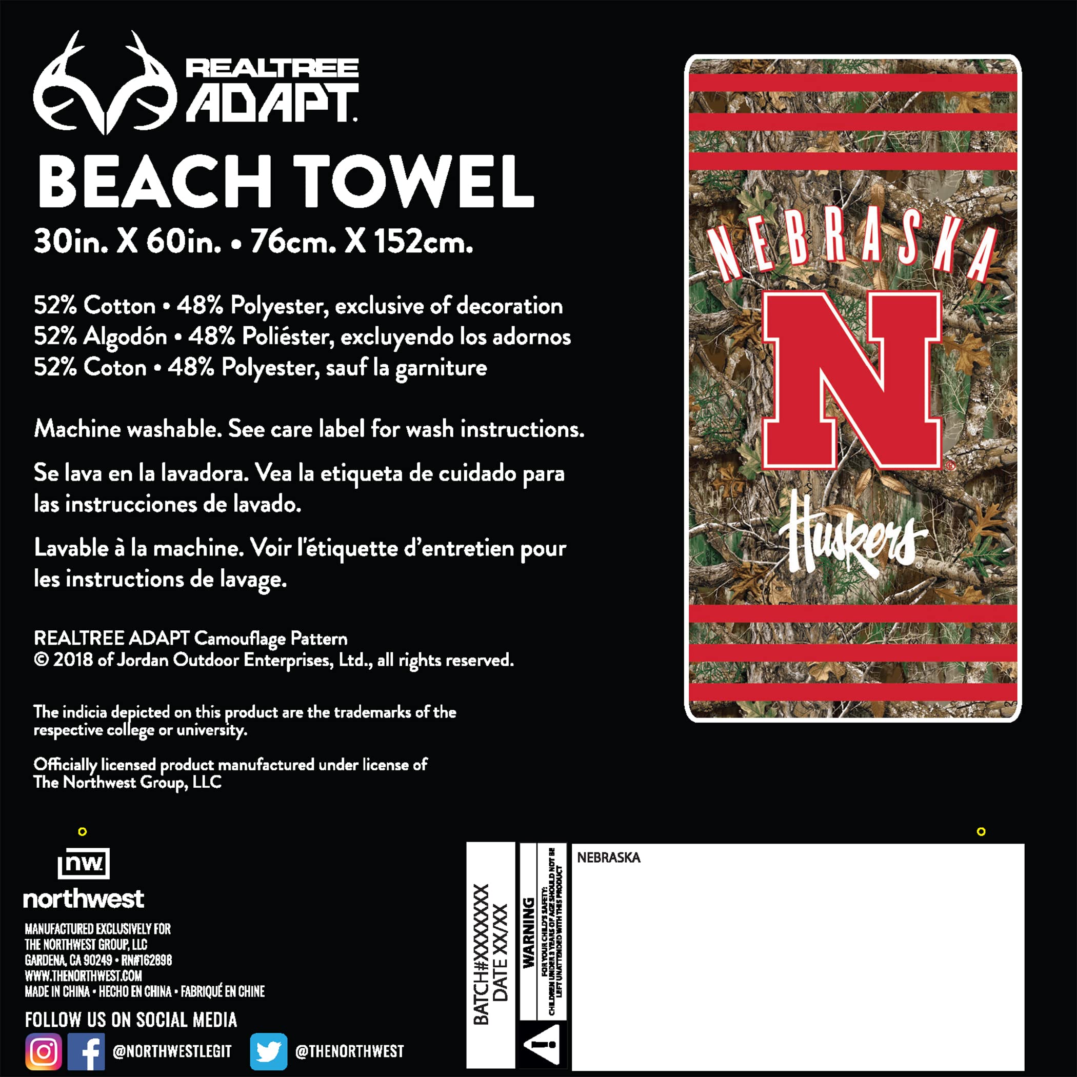 Nebrasks OFFIcIAL NcAA Realtree Stripes Beach Towel 30 x 60(D0102H94JWU)