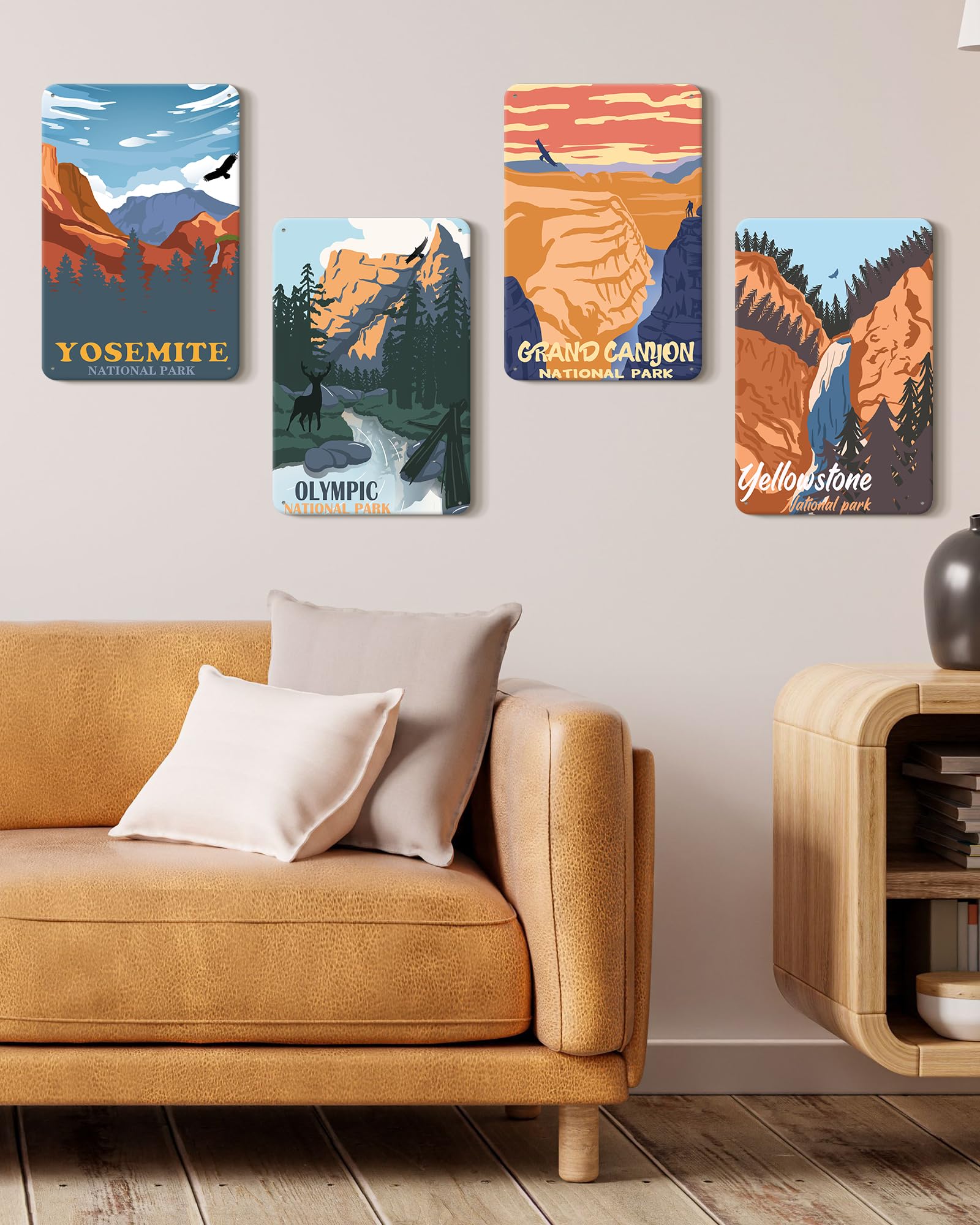 PHOPAGO 4pcs Vintage National Park Wall Sign Decor Nature Mountain Landsacpe Metal Sign 12x8 Inch Bedroom Living Room Office Wal