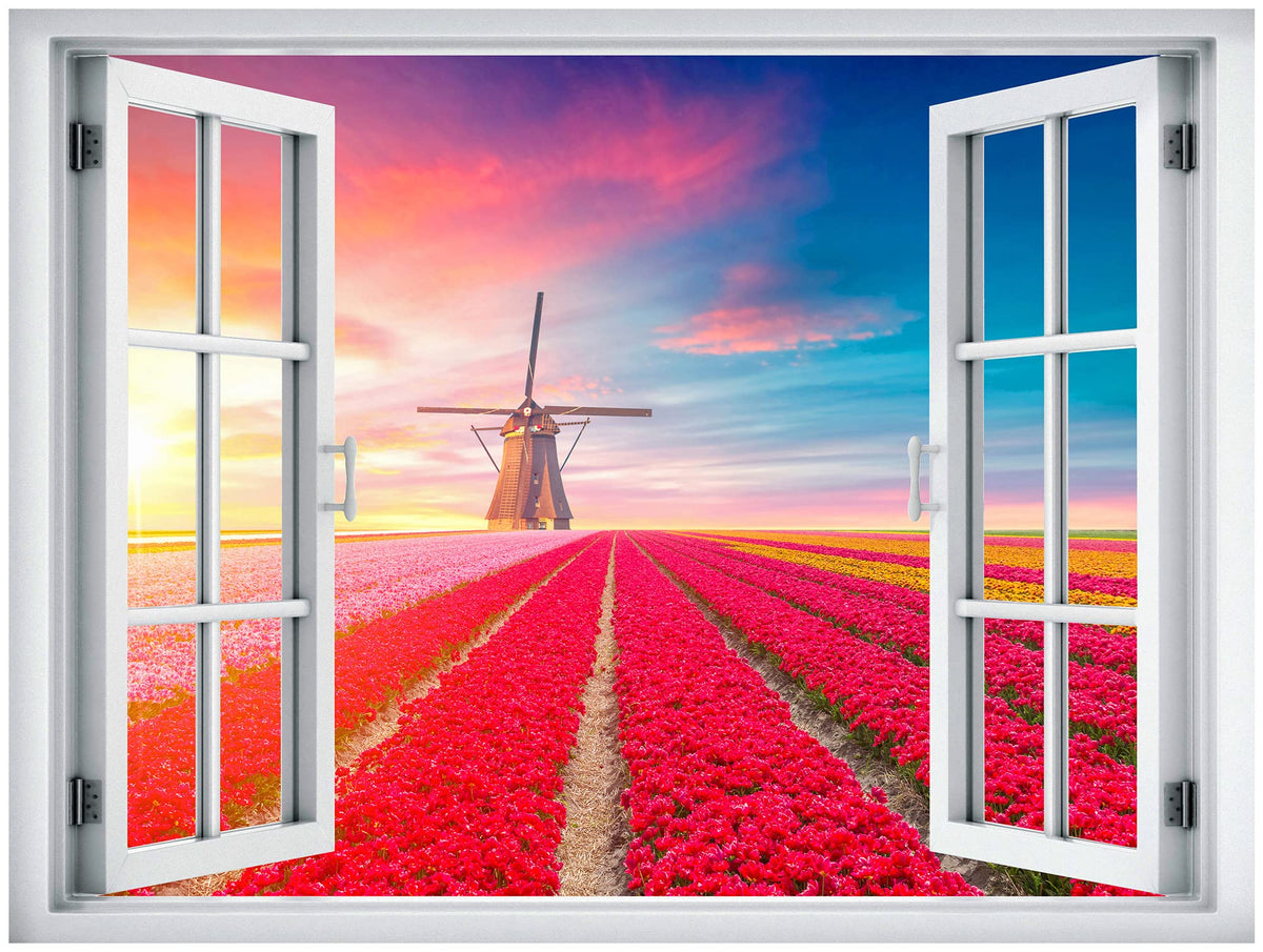 Wall26 Removable Wall Sticker/Wall Mural Window View Vibrant Sunset Dutch Windmill Flower Field Nature Wilderness Photography Re