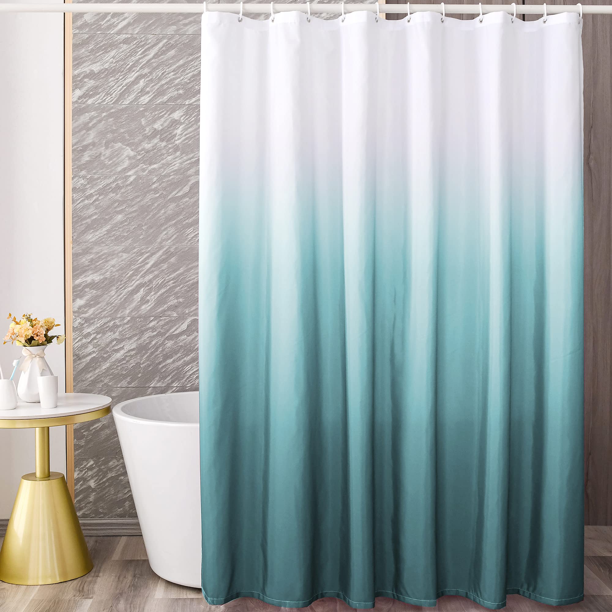 Yi & Ze Teal Blue Ombre Shower Curtain Sets For Bathroom Accessories Fabric Polyester Waterproof Modern Shower Curtain Liner Wit