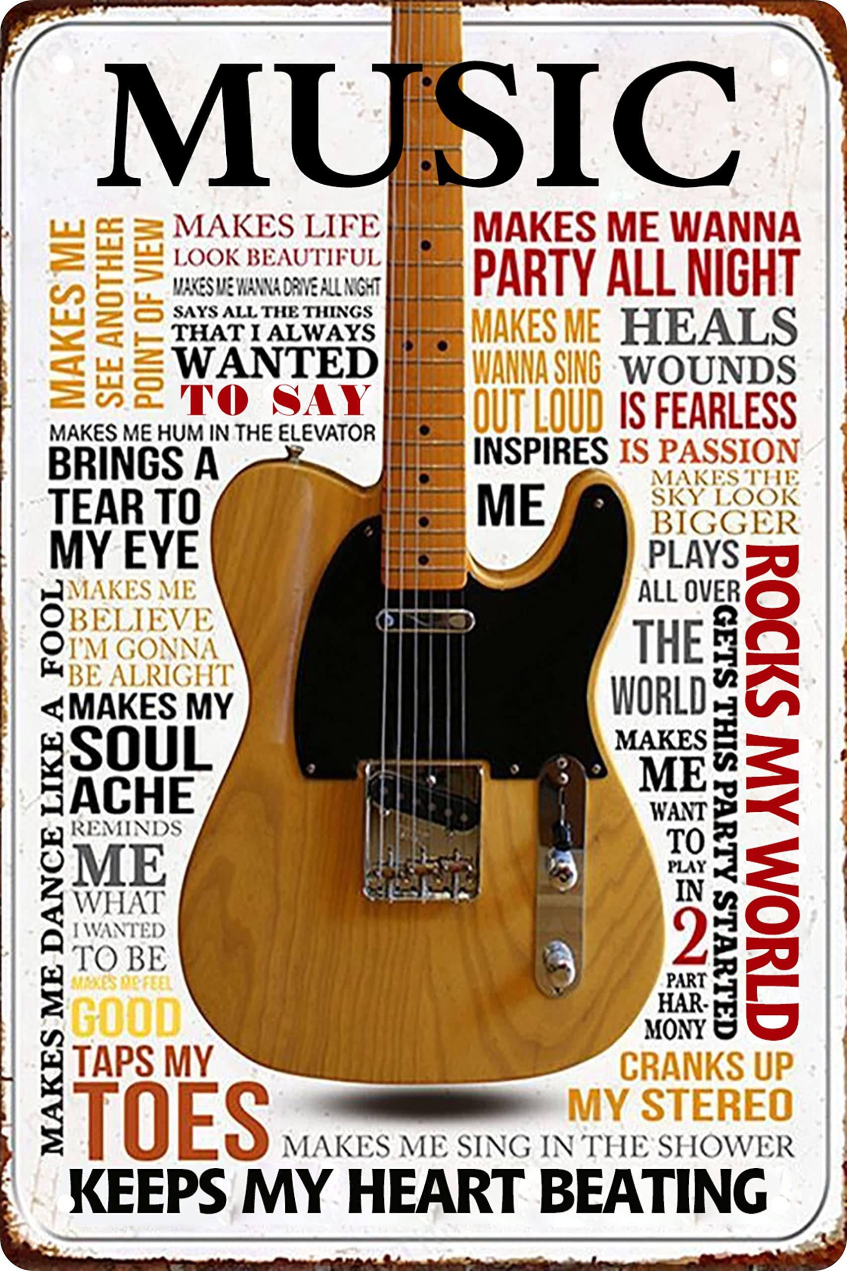 Guitar Metal Signs Vintage Rock Music Wall Decor Man Cave Tin Sign Gym Pool Bar Bathroom Yard Garage Signs Music Keeps My Heart 