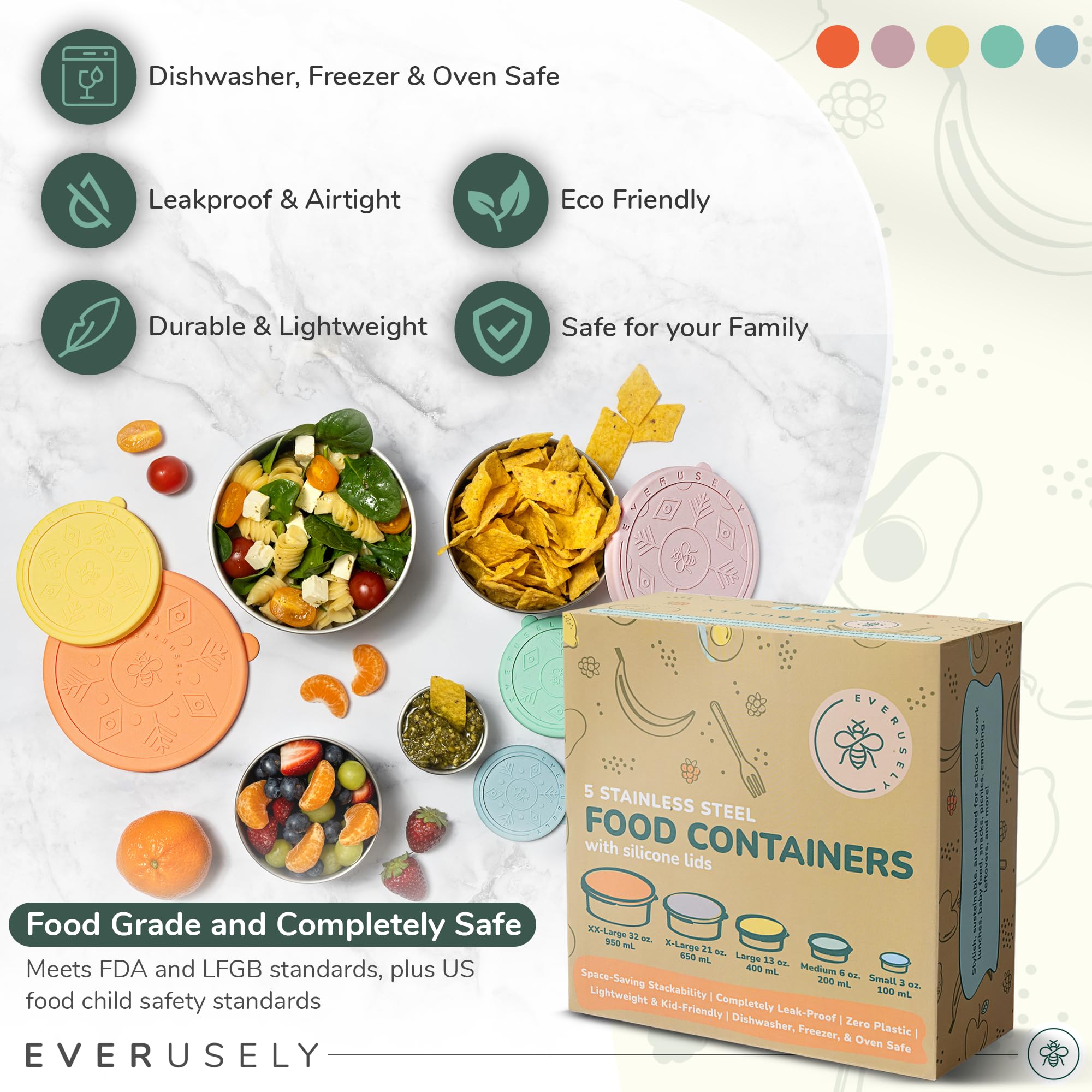 Everusely Stainless Steel Containers With Lids, Leakproof Stainless Steel Food Containers, Nesting Stainless Steel Snack Contain
