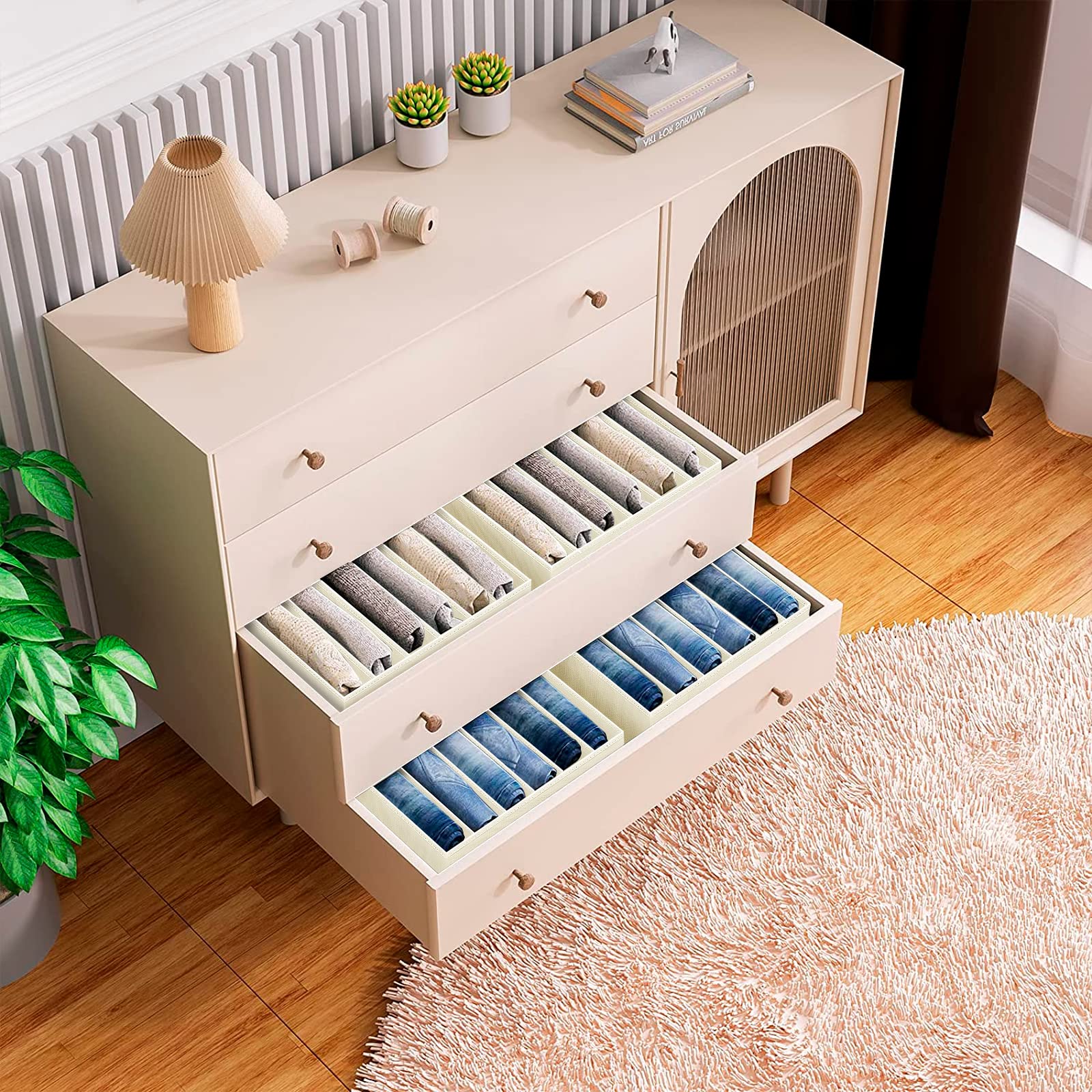 DIMJ Large Wardrobe Clothes Organizer, Foldable Drawer Organizers for Clothing, Fabric Clothes Organizer with 6 Grids, Jeans Org