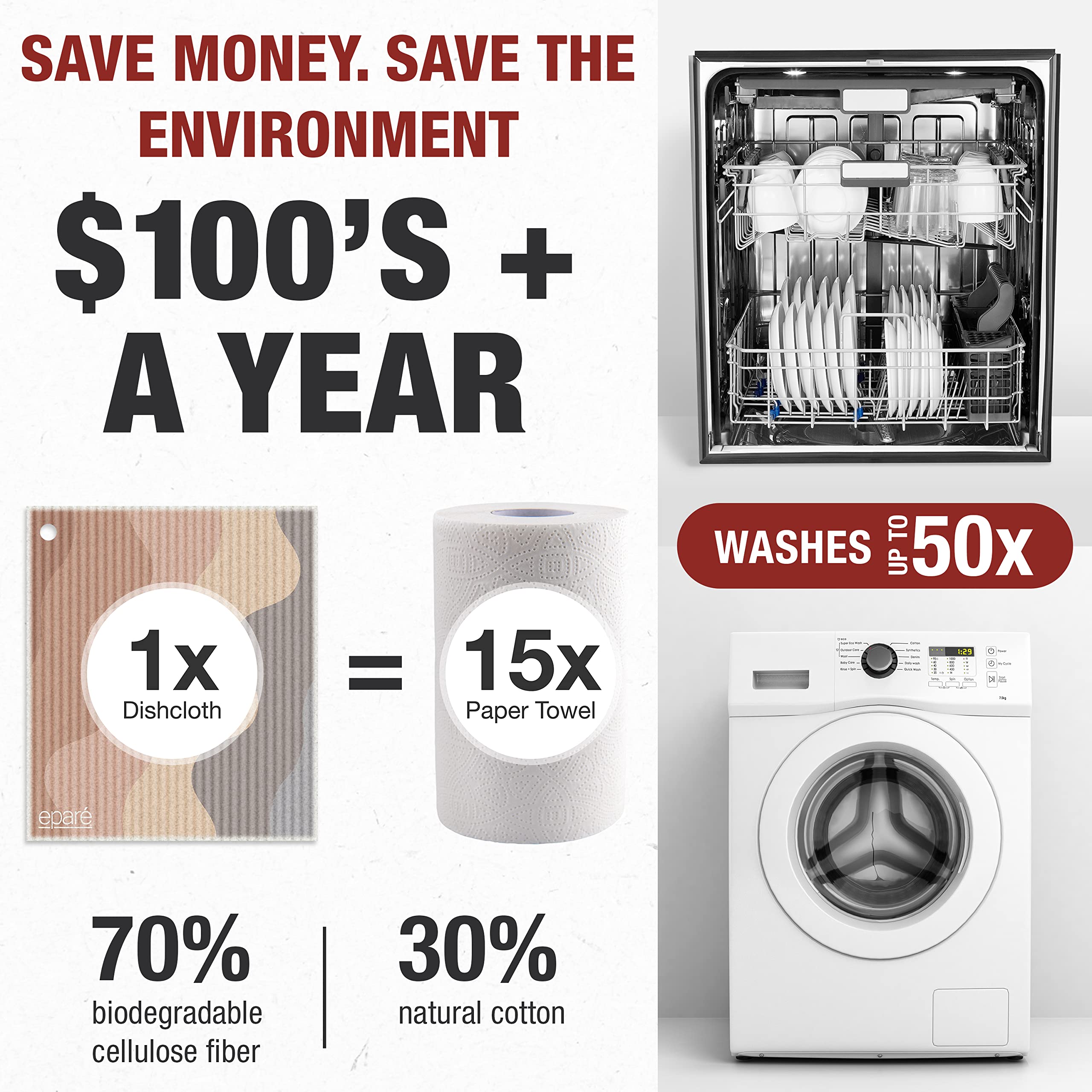 Swedish Dish Cloth With Hook - 8 Pack Cellulose Sponge Cloths Kitchen Reusable - Ultra Absorbent, Non Scratch & Quick Drying Swe