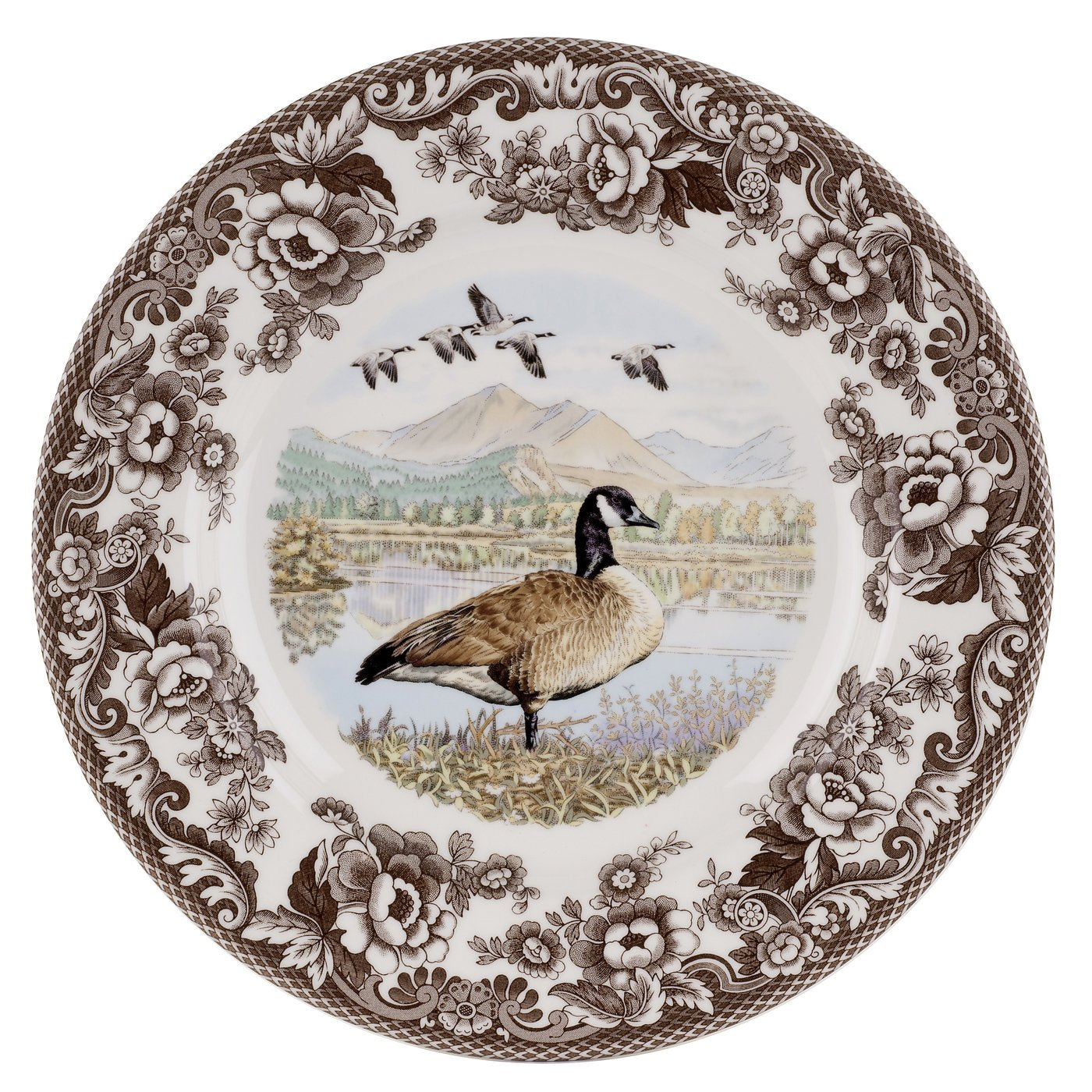 Spode Woodland Canadian Goose Dinner Plate - 10.5 Inch Fine Earthenware with British Flowers Border, Microwave, Oven, Freezer & 
