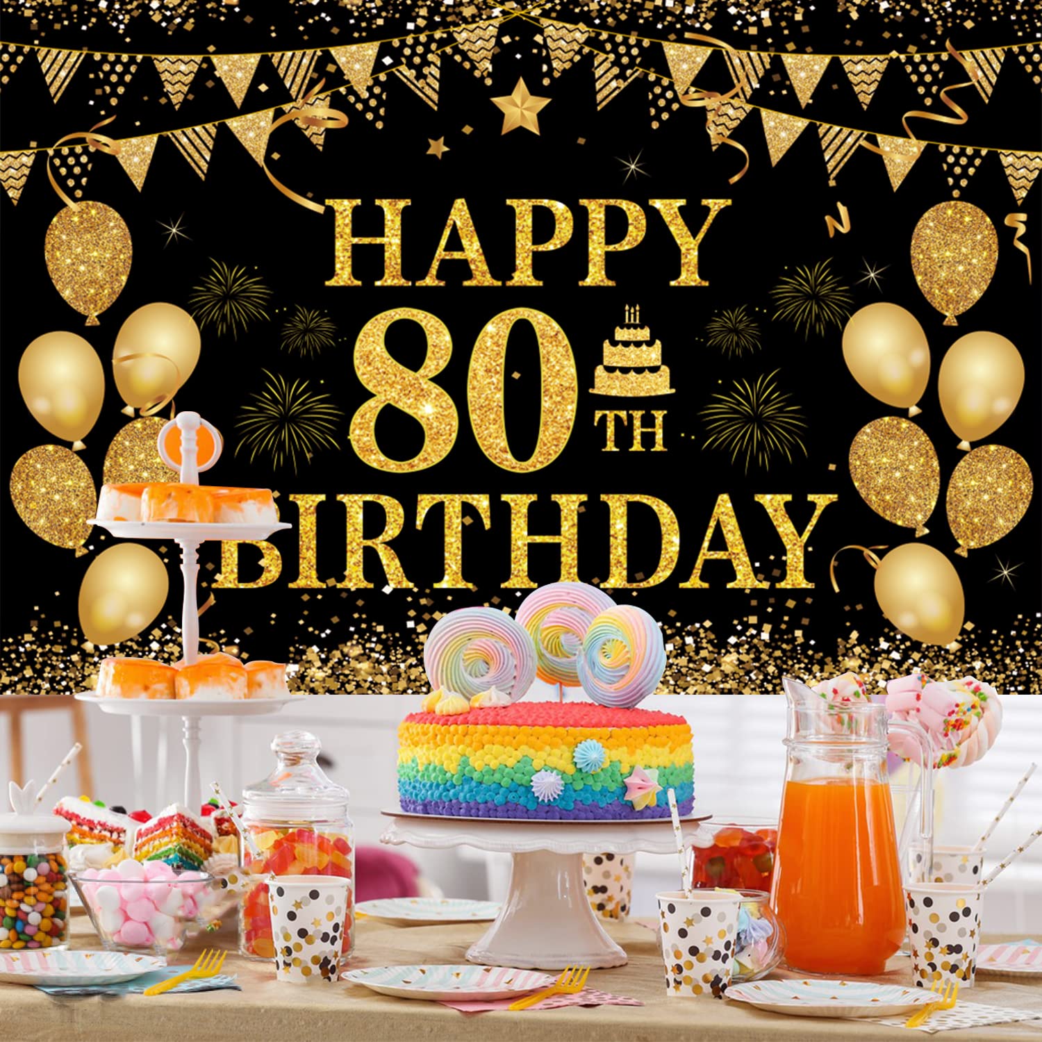 80Th Birthday Decorations For Men Women - Happy 80Th Birthday Banners Decorations Black Gold 80 Years Birthday Party Favor Backd