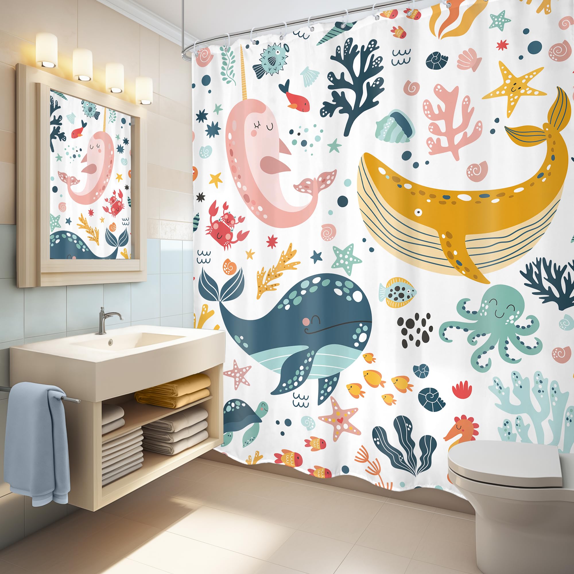 Lghtyro Kids Whale Shower Curtain Bathroom Set 71Wx84H Inches Extra Long Funny Cute Cartoon Fish Ocean Sealife Underwater Coral