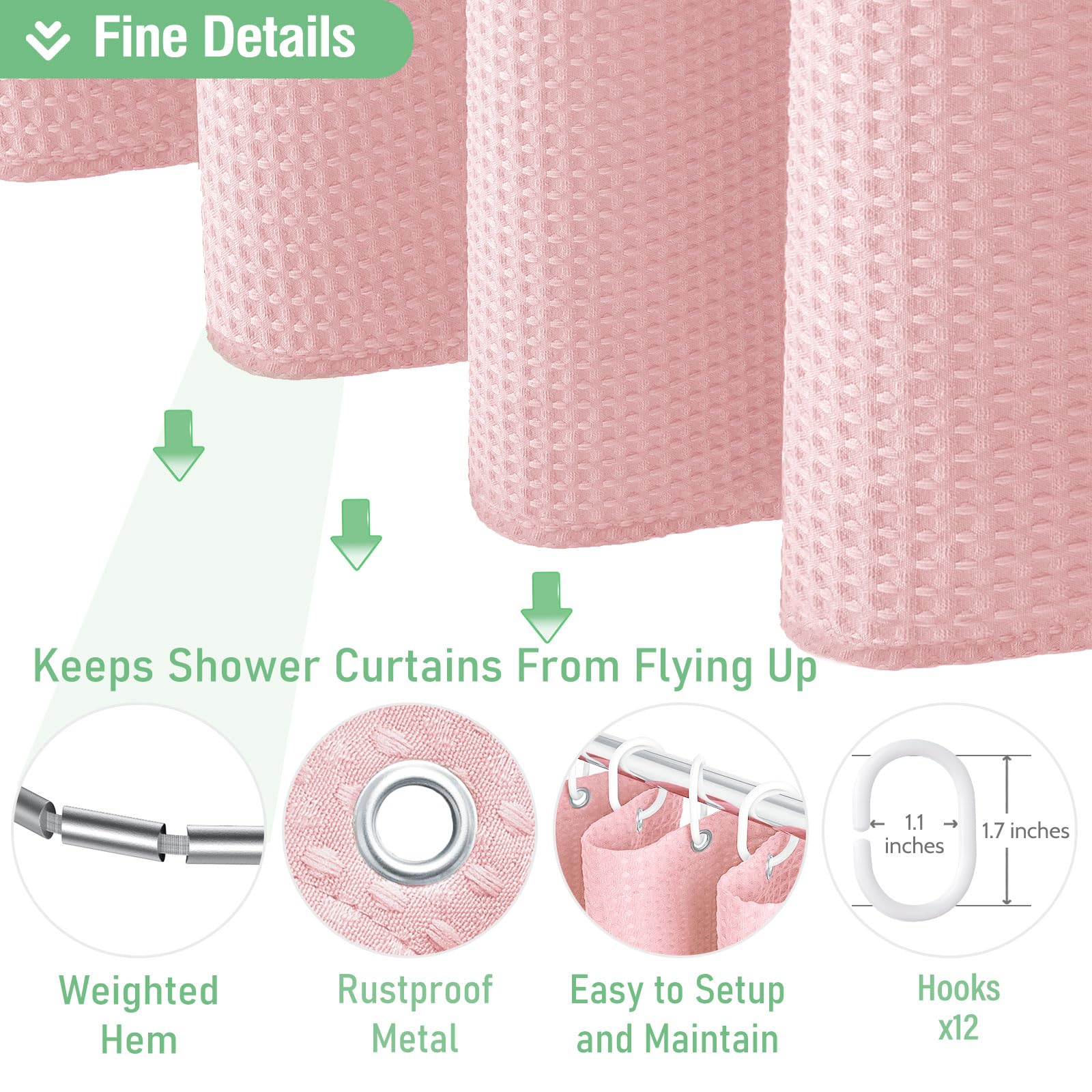 Dynamene Pink Fabric Shower Curtain - Waffle Weave Textured Heavy Duty Cloth Shower Curtains For Bathroom, 256Gsm Hotel Luxury W