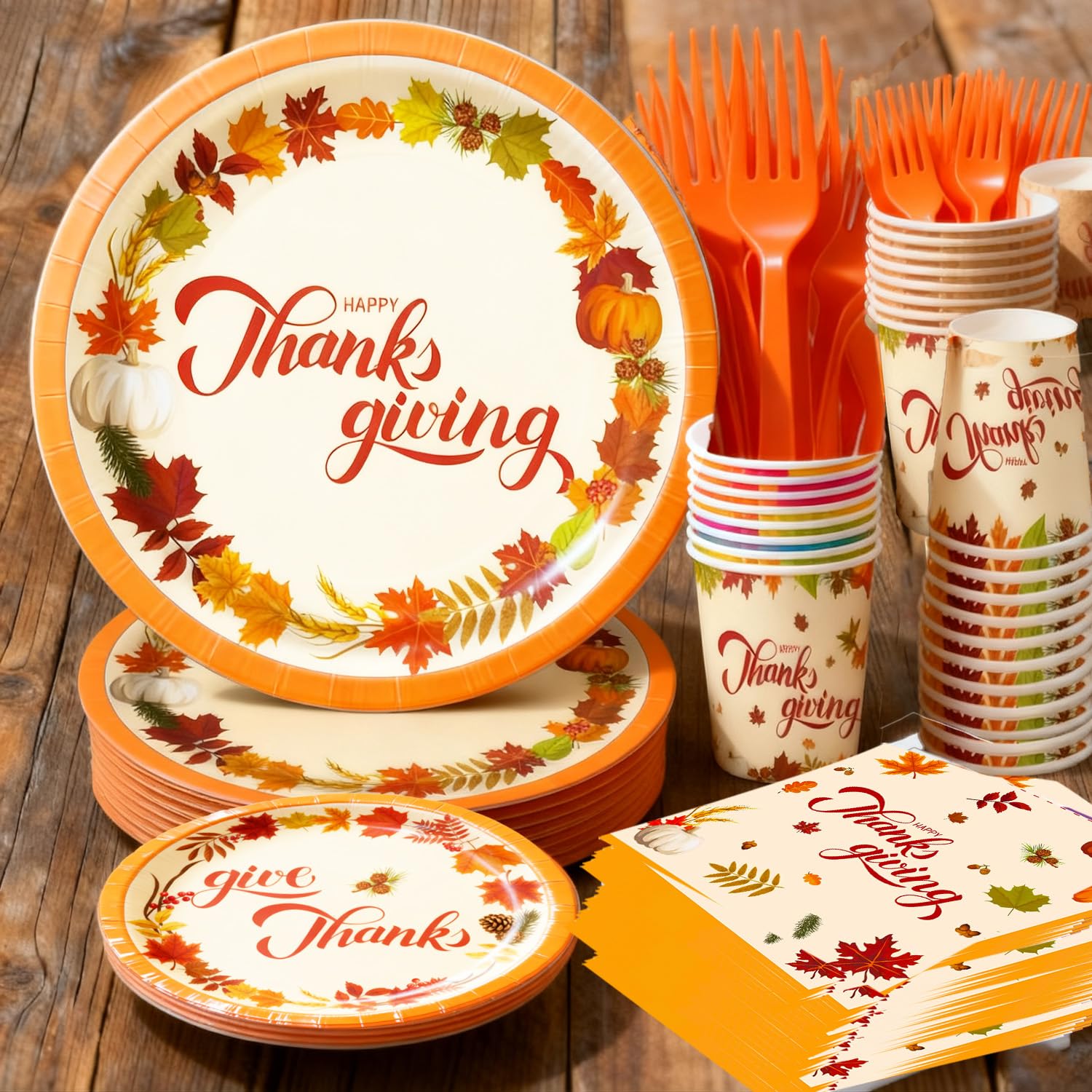250pcs Thanksgiving Paper Plate Tableware Set with Utensils, Fall Party Supplies Dinnerware Serve 50 Guest, Maple Disposable Pla