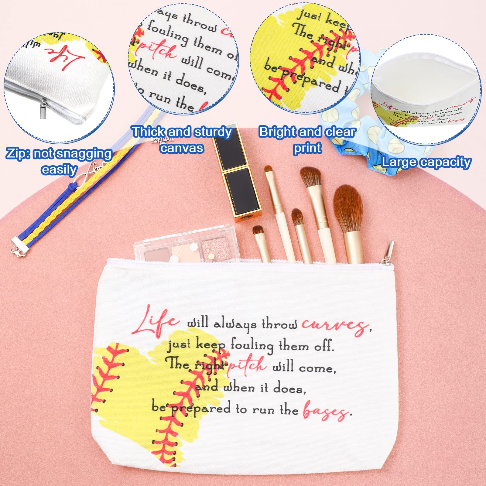 Sieral 4 Pcs Softball Gifts For Girls Softball Tumbler 14Oz Softball Water Bottles Softball Makeup Bag Softball Bracelet Scrunch