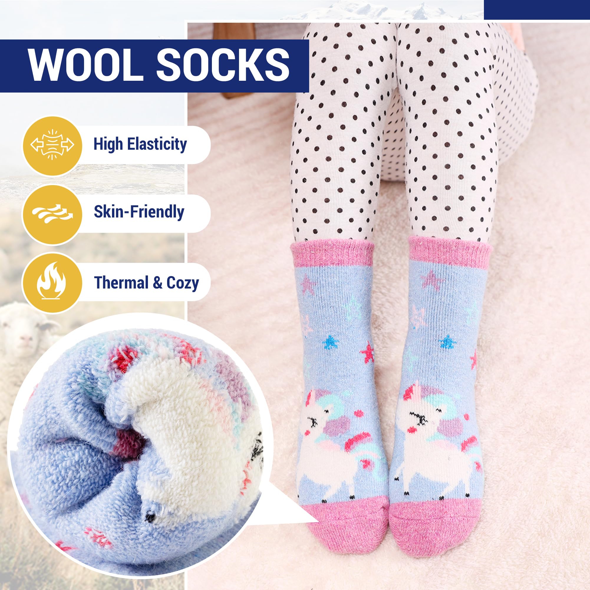 Eocom Kids Wool Socks Winter Warm Wool Hiking Thermal Thick Boot Cozy Crew Socks For Toddlers Boys Girls 6 Pairs(Cute Unicorn, 4