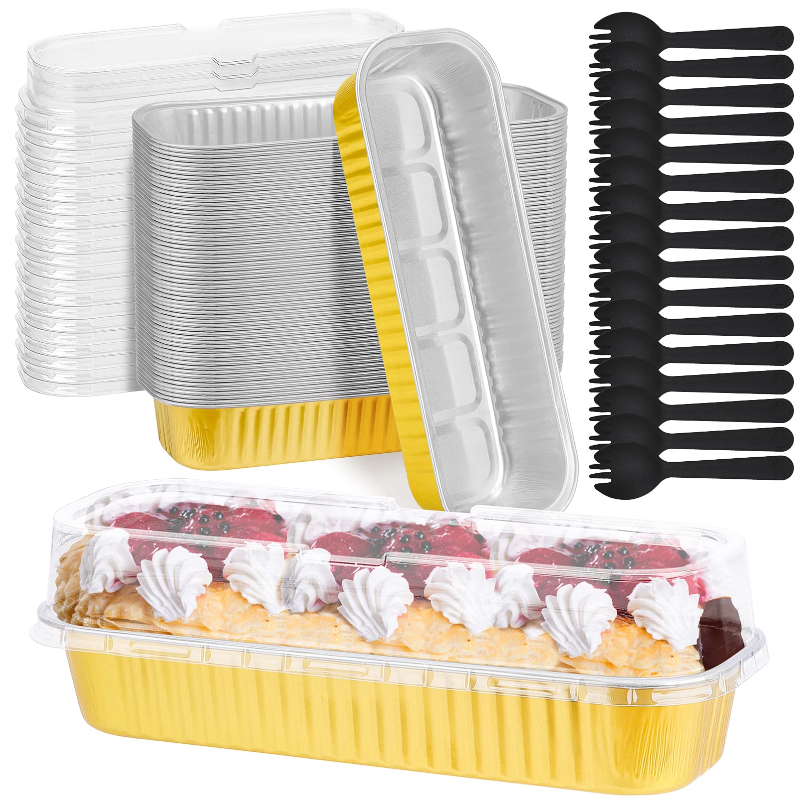 ylnurac Upgrade Large 11.8oz Mini Cake Pans with Lids and Spoons 30Pcs Mini Loaf Pans Disposable for Gift Giving Bake Sale Lunch
