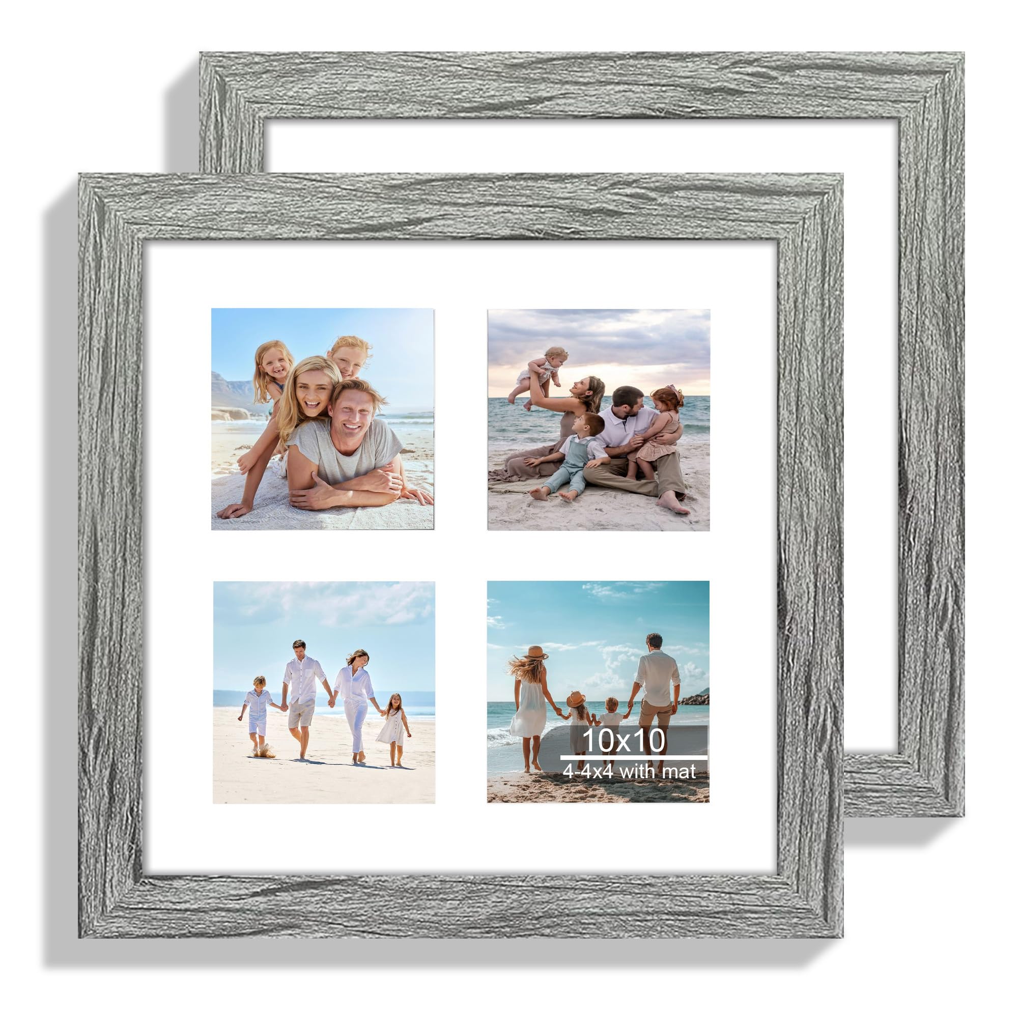 Hongkee 10x10 Picture Frame Set of 2, Real Glass and Grey Collage Frame, Display Pictures Four Opening 4x4 With Mat or 10 x 10 W