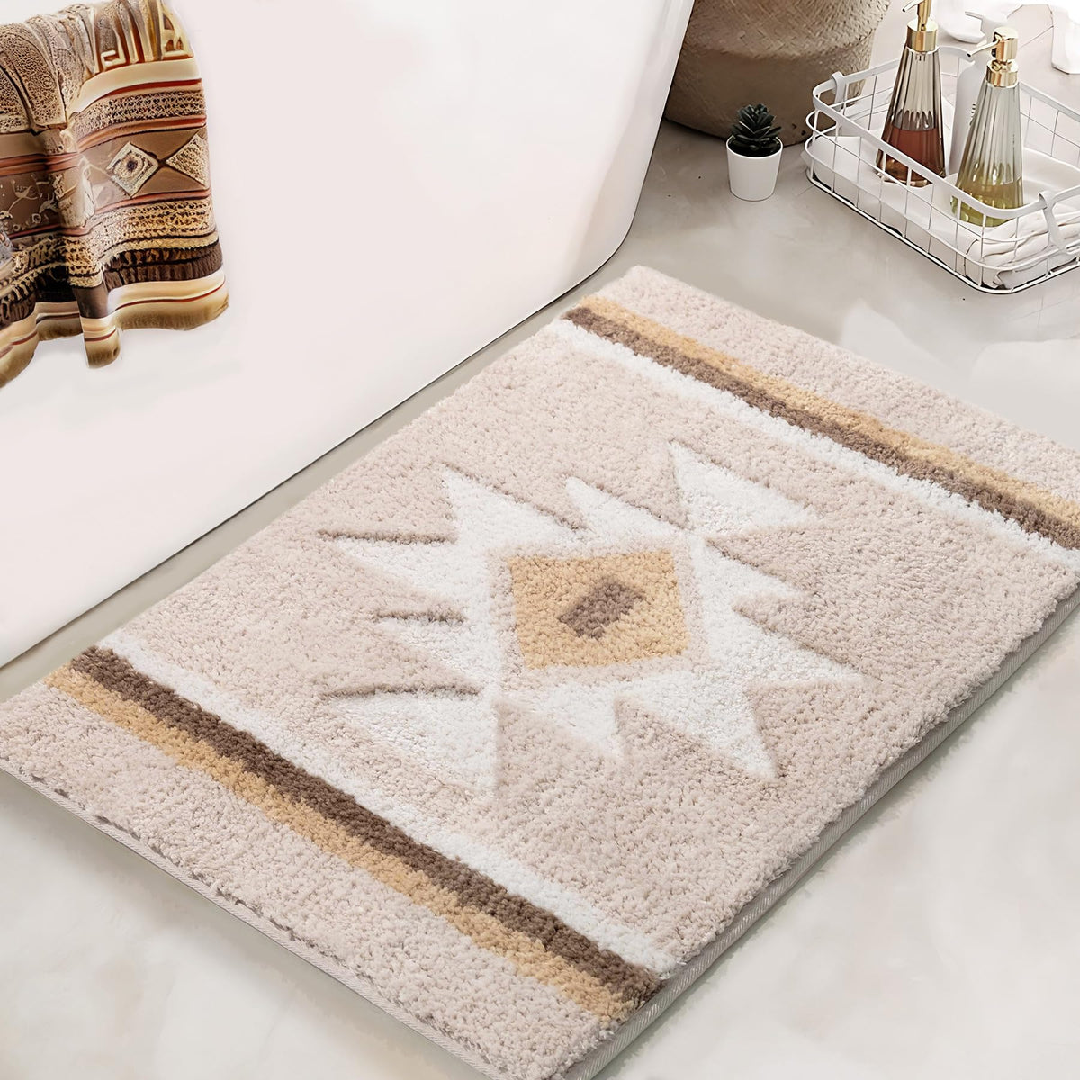 Tanvill Bathroom Rugs Beige Boho Bath Mat Non Slip, Soft Absorbent Microfiber Washable Bath Rug Floor Mat For Bathroom Shower Tu