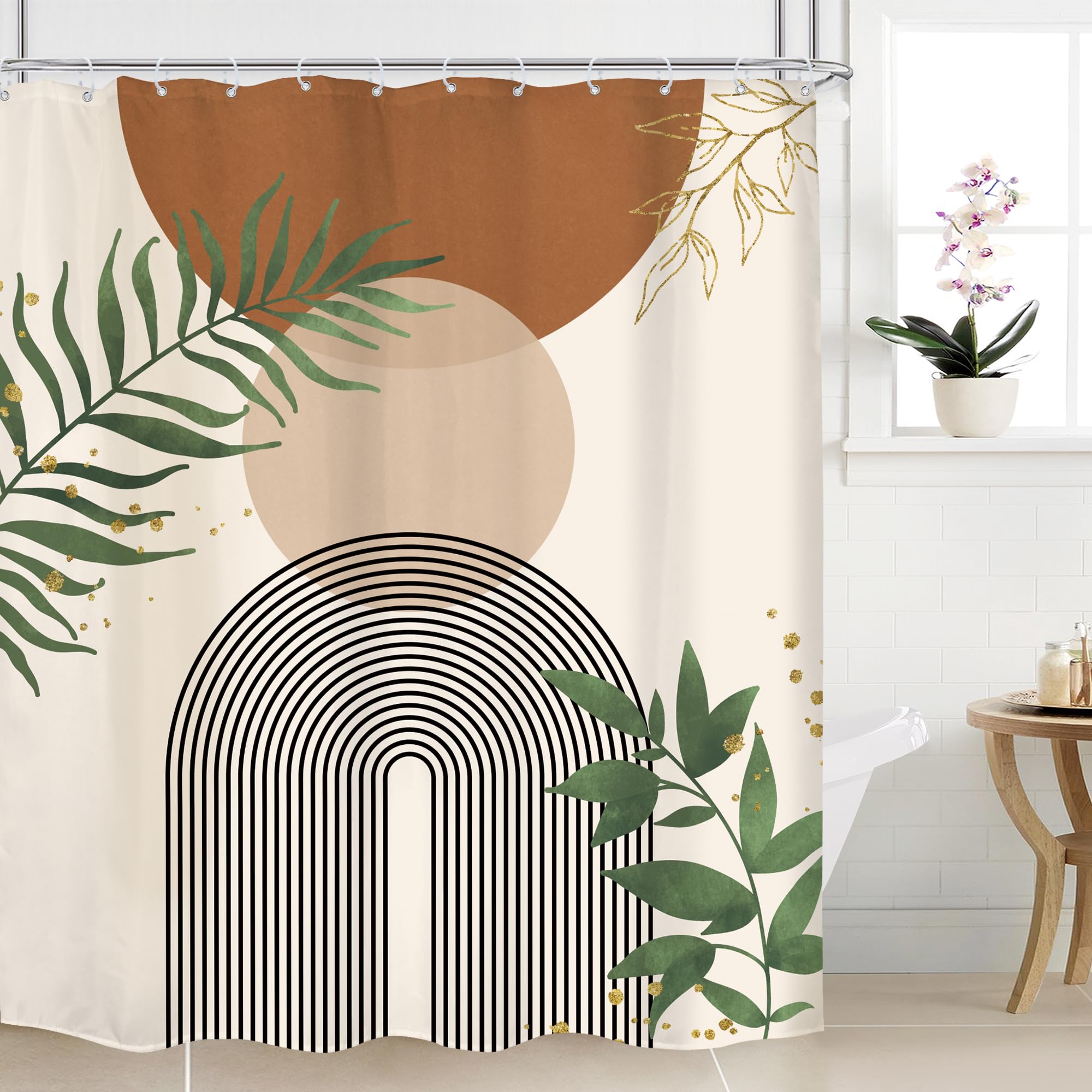Mitpok Brown Boho Mid Century Shower Curtain 60Wx72H Abstract Gold Leaves Plant Modern Sun Minimalist Geometric Arch Art Line Ba