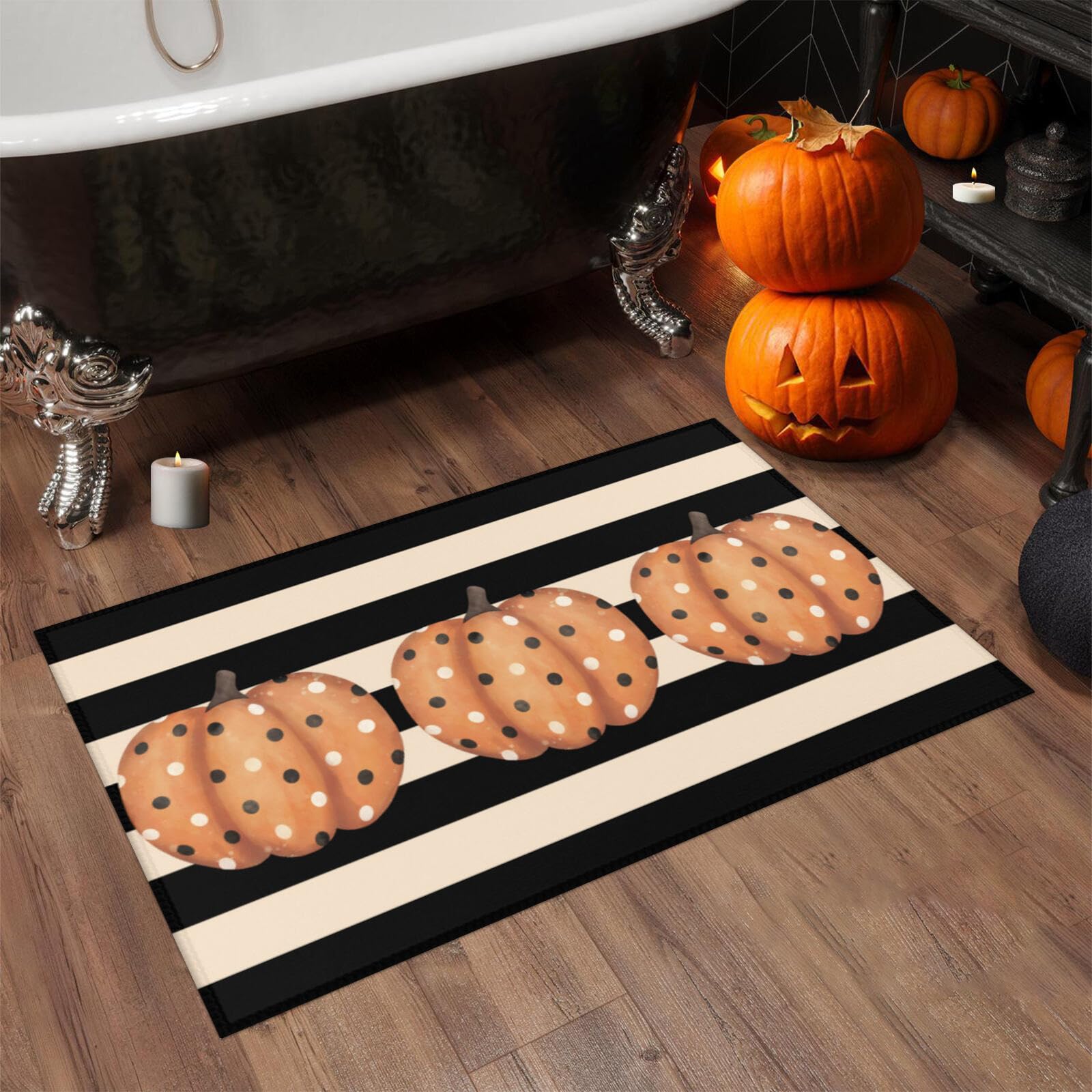 Gloriousa Fall Door Mat Cute Polka Dot Pumpkin Stripes Floor Front Door Welcome Mats Rug Rustic Yard Non Slip Doormat Porch Home