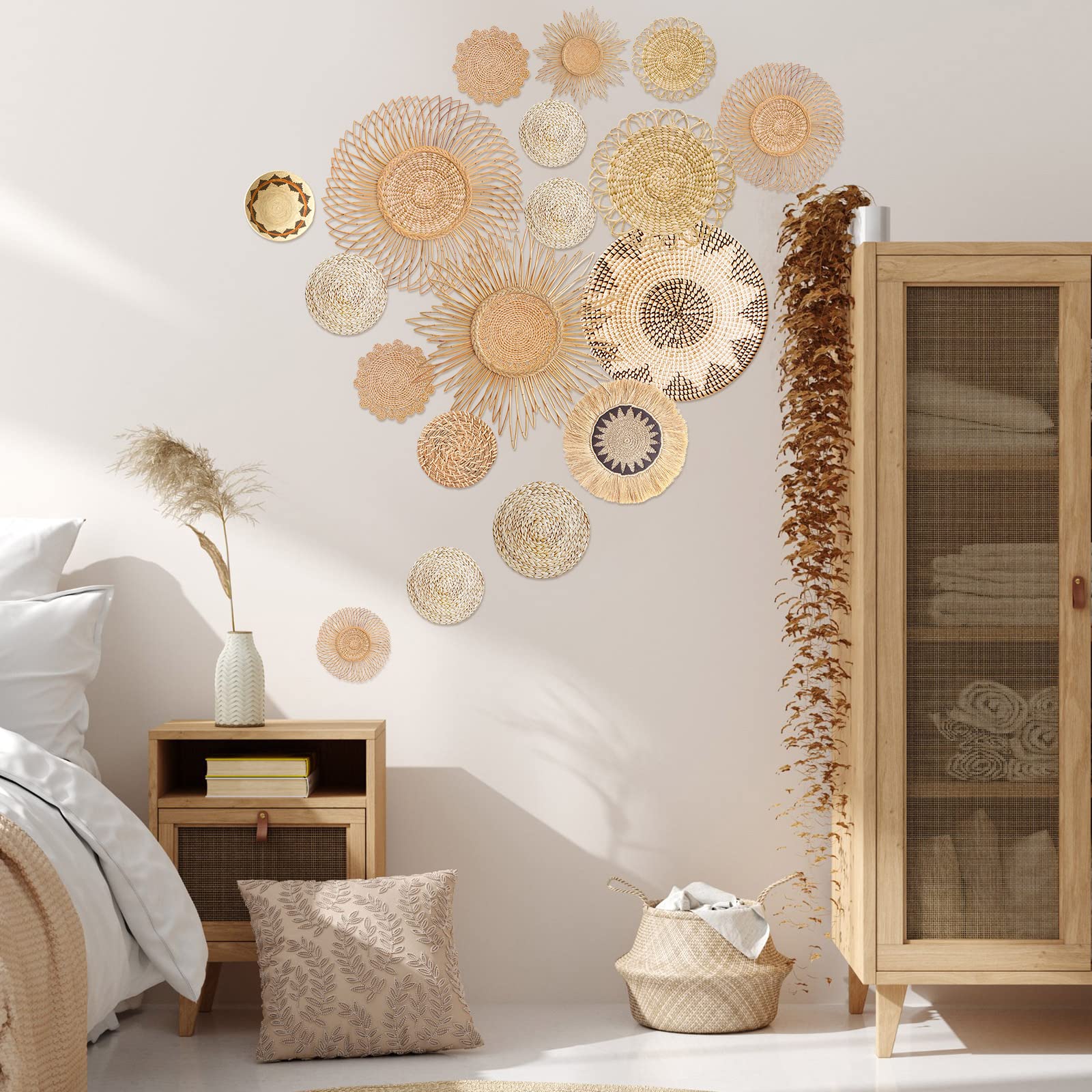 18Pcs Boho Basket Wall Decals Round Wall Sticker Modern Boho Wall Decor Peel and Stick Wall Decor Sticker Removable Boho Wall Stickers Rustic Wall Art for Bedroom Office  Stickers Only (Stylish Style)