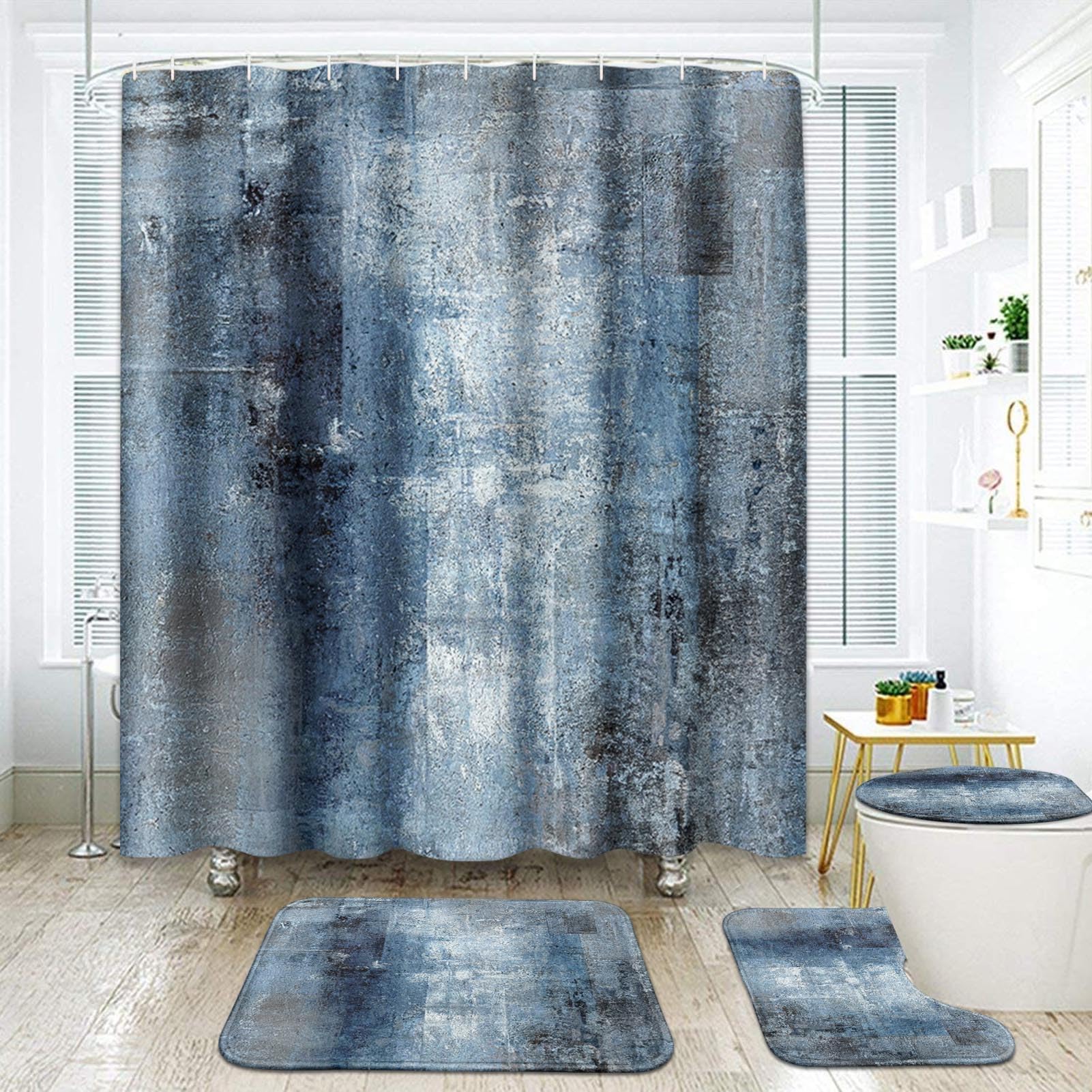 Artsocket Blue Grey Abstract Bathroom Set With Shower Curtain And Rugs Accessory, Painting Gray Vintage Retro Abstract Shower Cu
