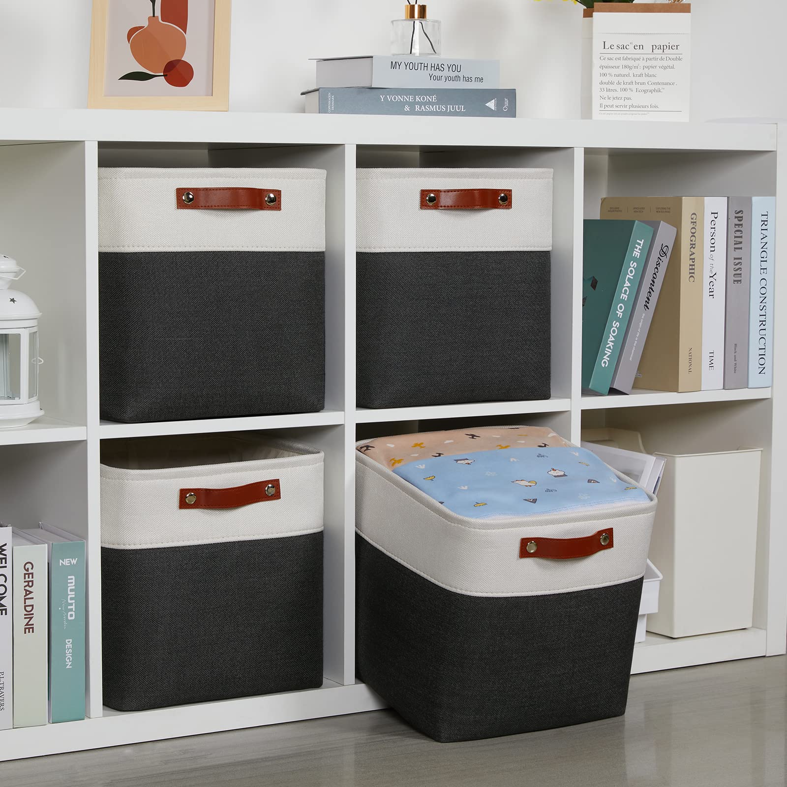 DULLEMELO Set Of 4 Cube Storage Bins  Fabric Storage Basket for Shelves Closet Nursery Toy Storage  12 Inch Collapsible Fabric Bins for Toy Book Magazine Towel Organizers(4 Pack - 12 '' White&Black)
