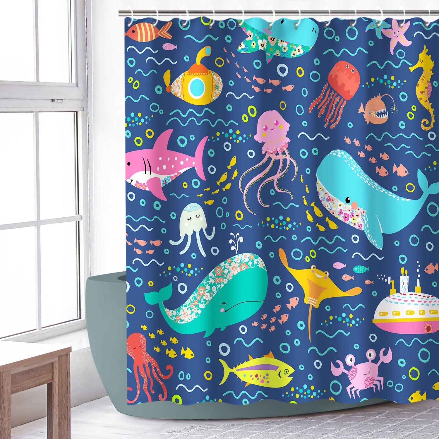 Rosielily Fish Shower Curtain, Kids Shower Curtains Set With 12 Hooks, Whale Shower Curtain, Sea Animal Bathroom Decor Curtain F