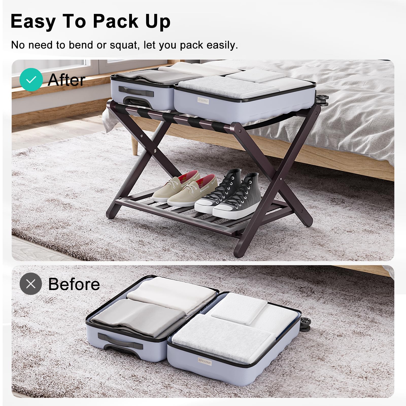 Smuxee Fully Assembled Brown Luggage Rack, Upgraded Bamboo Foldable Suitcase Stand With 5 Nylon Straps, Luggage Holder With Shel