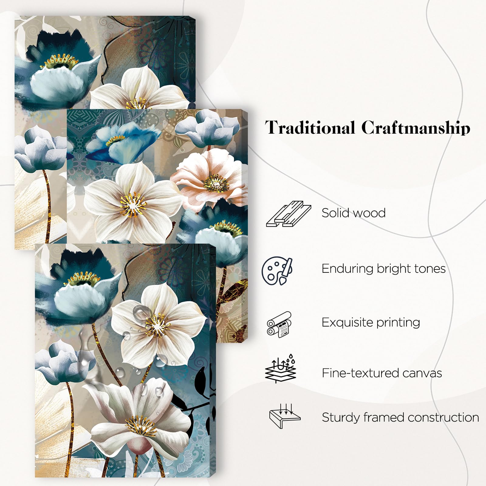 SERIMINO Lotus Flower Canvas Wall Decor Living Room White and Indigo Blue Floral Picture Wall Art for Dining Room Bedroom Bathroom Kitchen Prints Paintings for Home Decorations