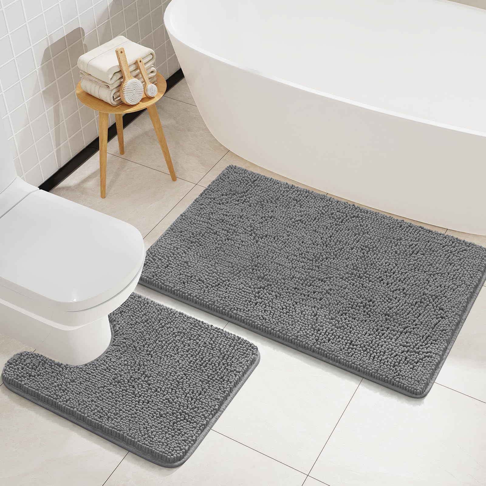 Lochas Bathroom Rugs Sets 2 Piece, Soft Non Slip Bath Mat Set, 20''X20'' U-Shaped Toilet Rug And 34''X21'' Grey Bathroom Rugs, W