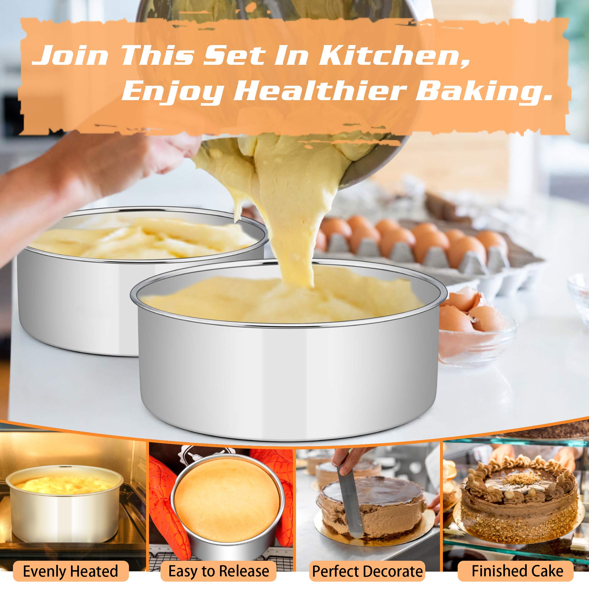 E-Far 8 X 3 Inch Round Cake Pans, Stainless Steel Deep Cake Baking Pan For Layer Cake Chiffon Cheesecake, Healthy Metal Cake Tin