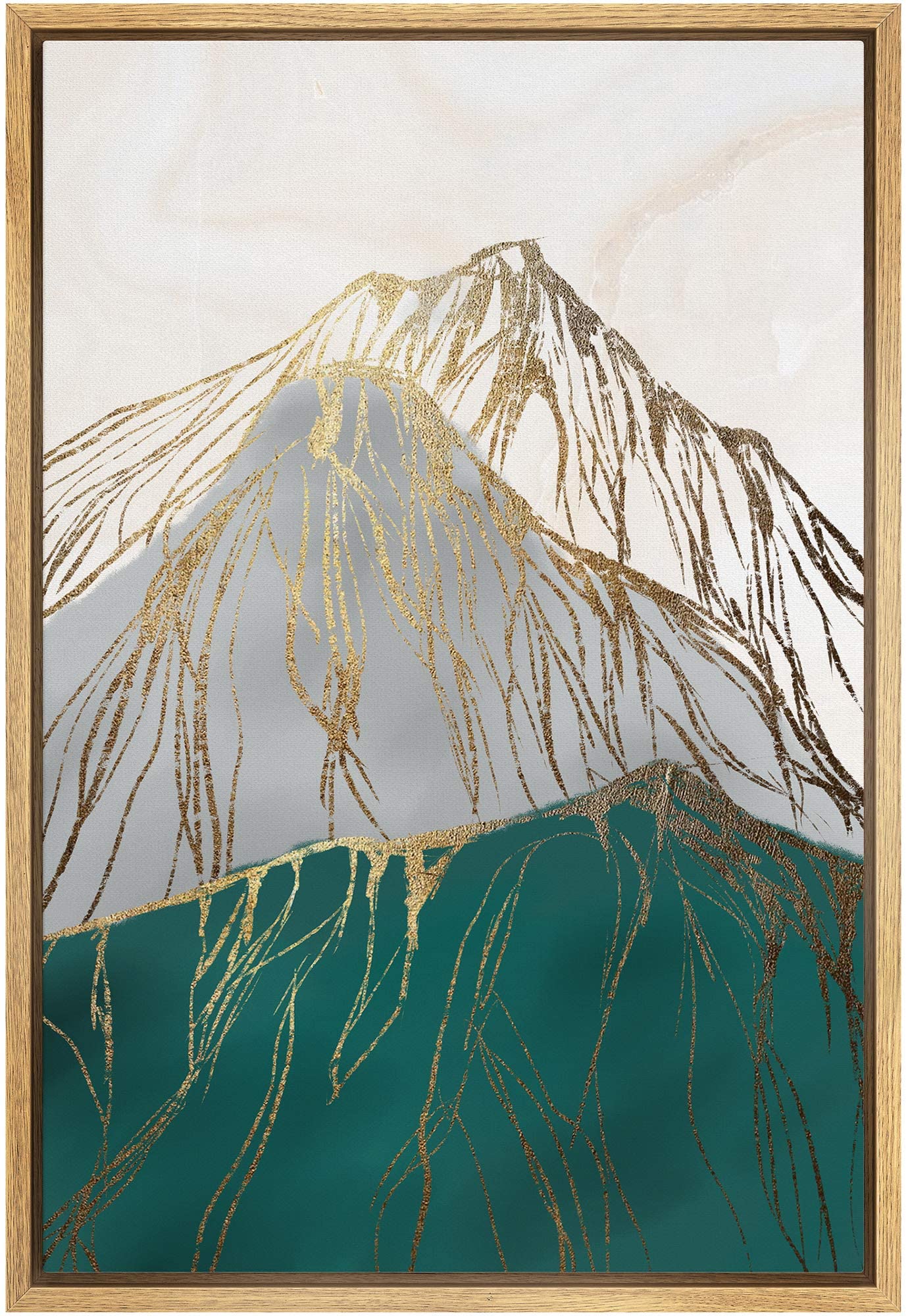 Signford Framed Canvas Print Wall Art Golden Lines Over Multicolor Mountains Abstract Wilderness Illustrations Modern Art Scenic