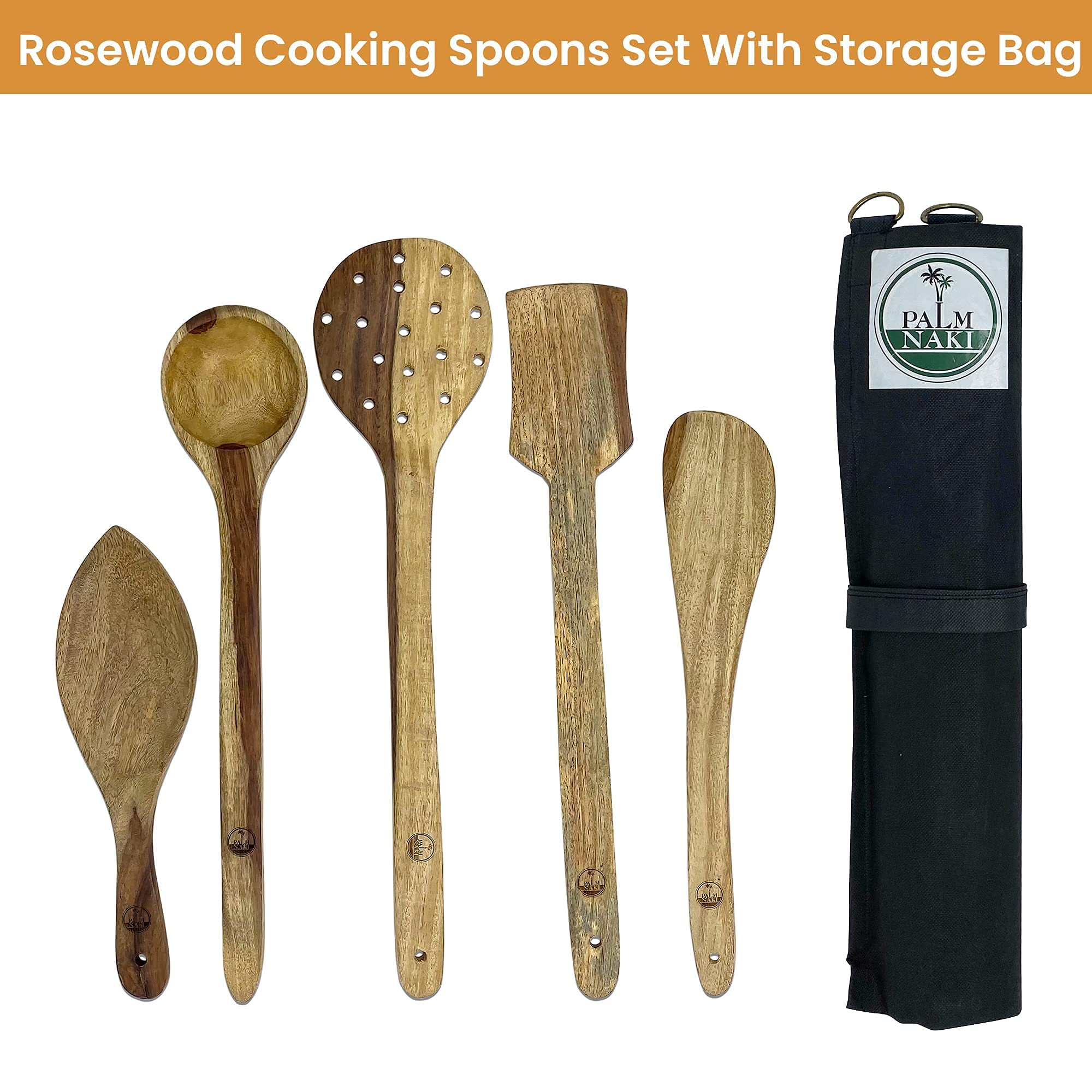 Palm Naki Indian Rosewood Cooking Spoons Set Of 5 Cooking Spoons - 5 Non-Stick Wood Cooking Spoons - Kitchen Cooking Utensils Wi