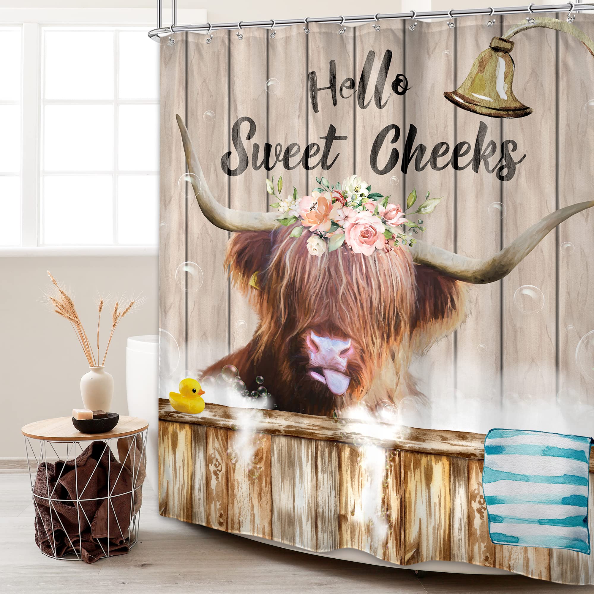 Cinbloo Farmhouse Highland Cow Shower Curtain Country Funny Western Cattle Bull Bathroom Curtain Cute Farm Animal Flower Bath Cu