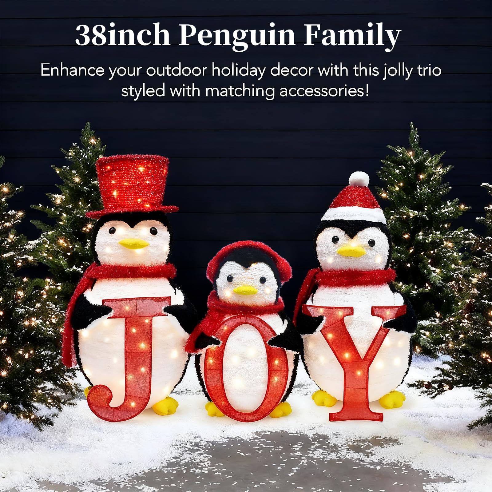 HOYECHI 3-Piece Lighted Christmas Penguin Family Set - Outdoor Yard Decoration Pop-Up Penguin with 150 LED Lights, Joy Sign, Hol