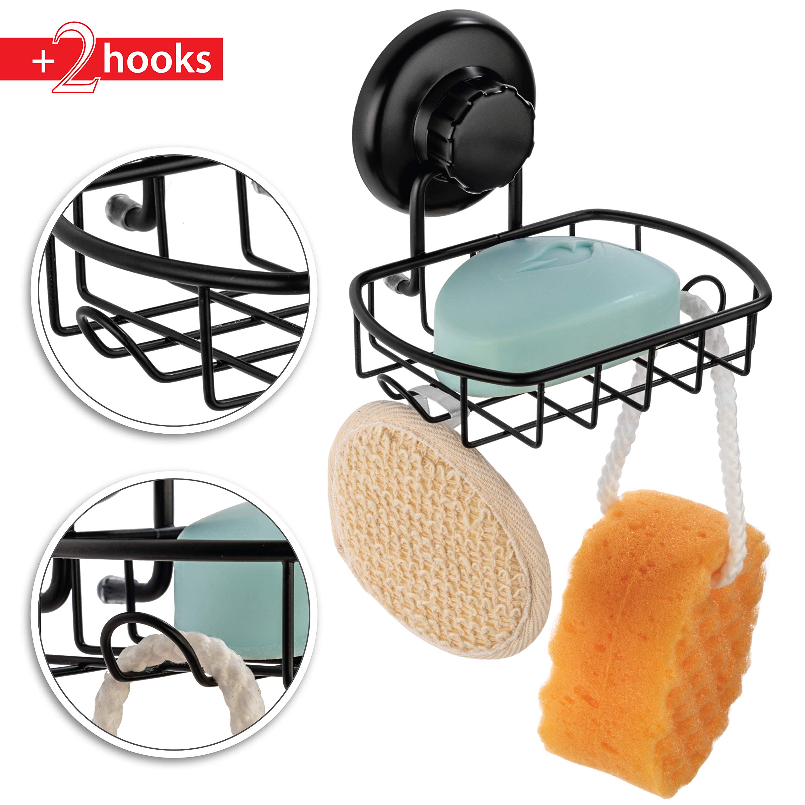 HASKO Suction Soap Dish - Rustproof SS304 Stainless Steel, Black, Powerful Vacuum Cup Holder for Bathroom & Kitchen - Model WERPOWER001