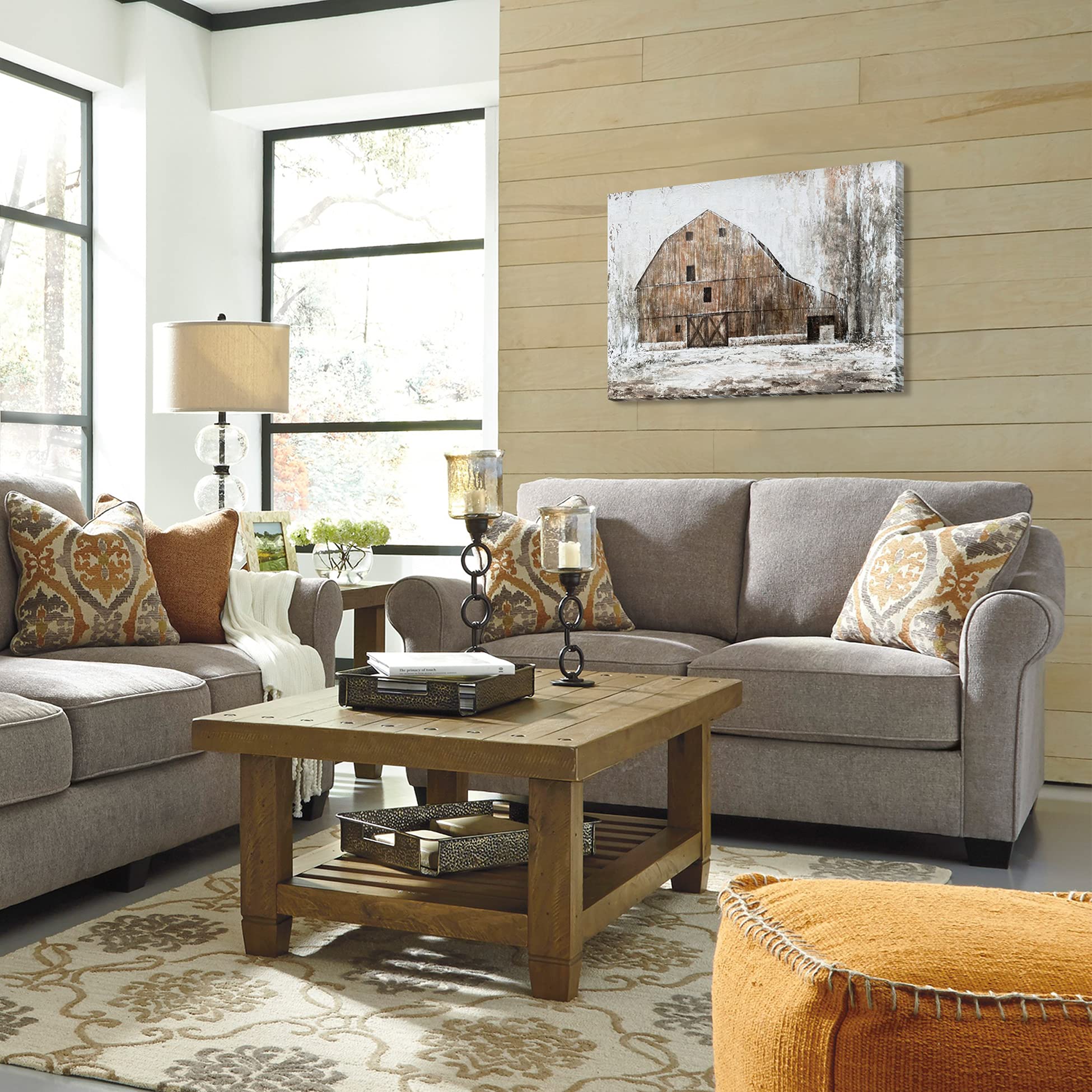 Batrendy Arts Rustic Farmhouse Wall Art Modern Brown Barn With White Texture 3D Country Themed Picture Artwork For Livingroom Re