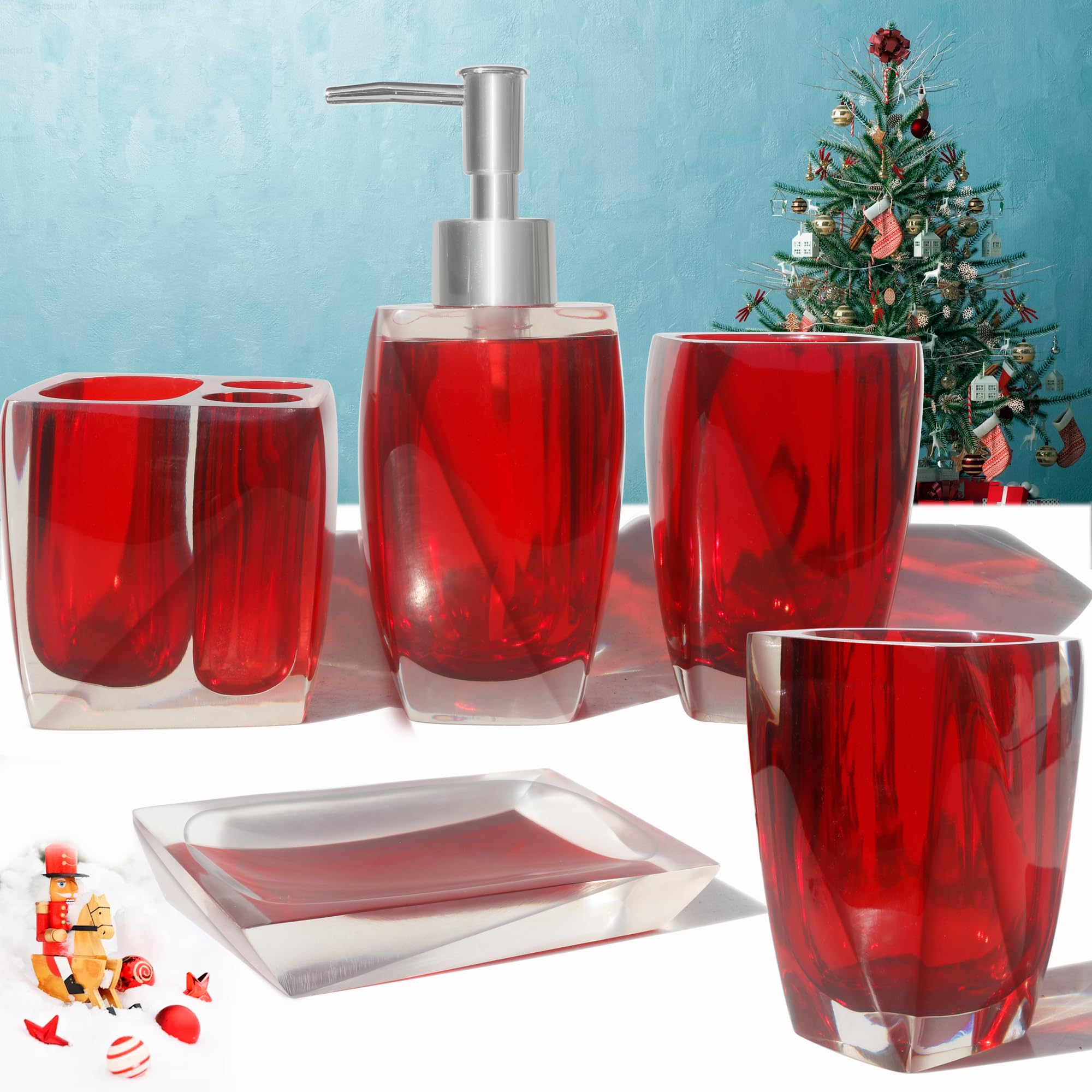 5 Piece Bathroom Accessory Set Resin Soap Dish, Soap Dispenser, Toothbrush Holder & Tumbler