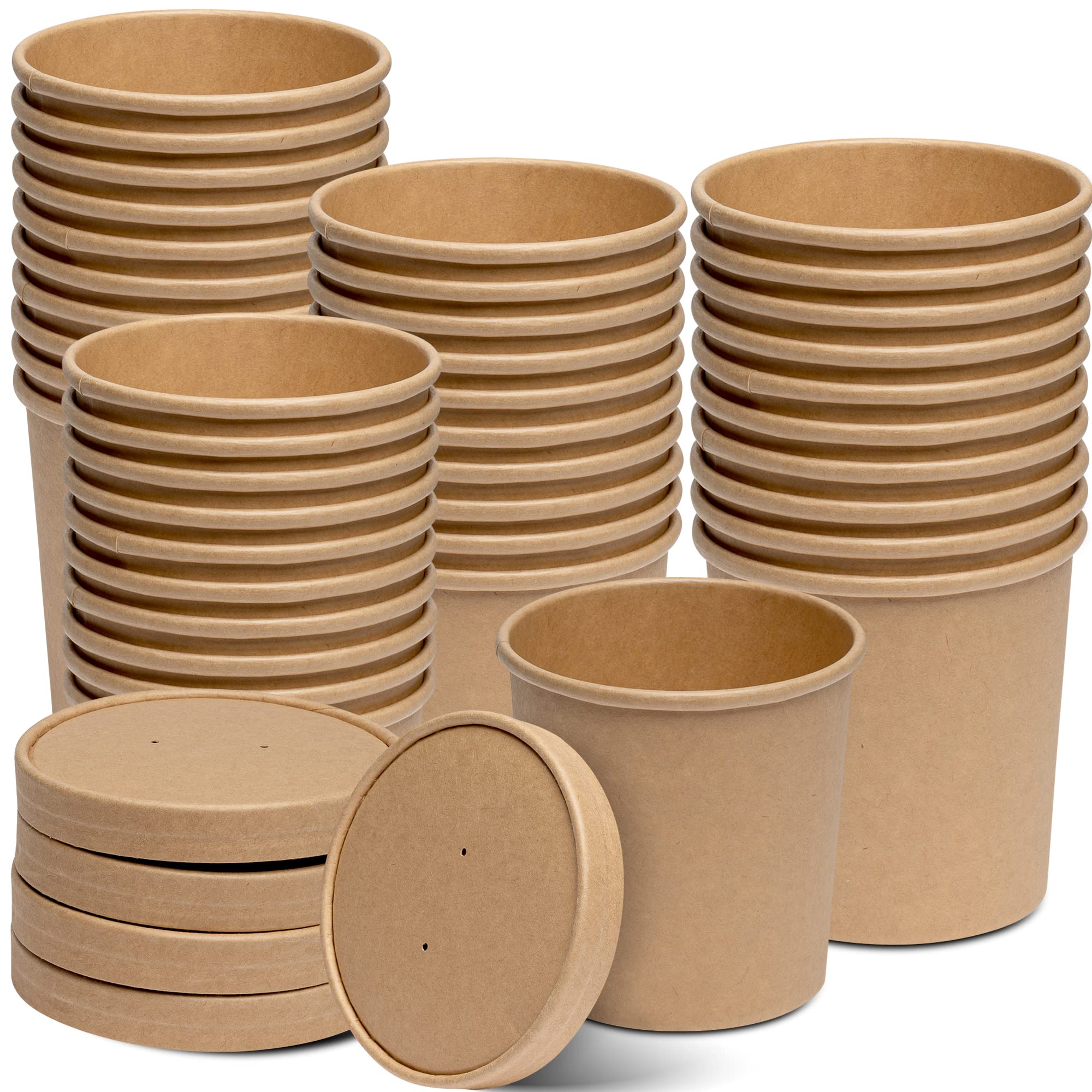 GUSTO [16 oz.  50 Count Kraft Paper Food Containers with Vented Lids  To Go Hot Soup Bowls, Disposable Ice Cream Cups, Ideal f