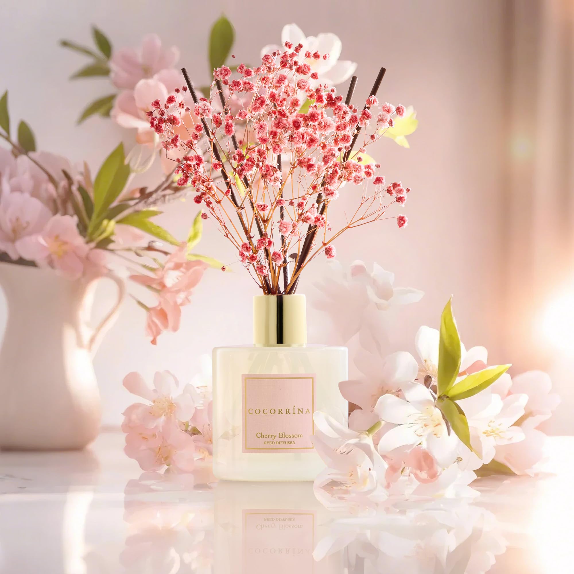 COCORR  NA Reed Diffuser - Cherry Blossom 6.7 Fl.oz Reed Diffuser Set with Sticks & Preserved Babys Breath, Reed Diffuser for H